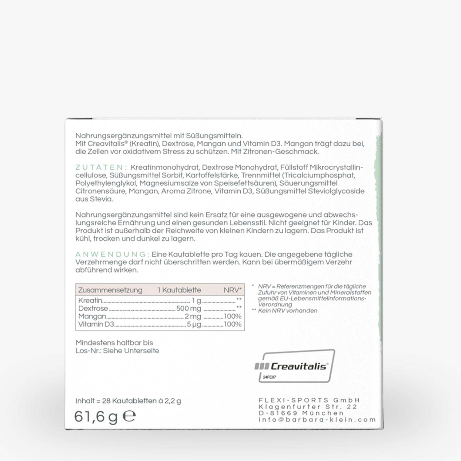 Verpackungstext eines Nahrungsergänzungsmittels mit Zutaten, Anwendungshinweisen und Nährwerttabelle.