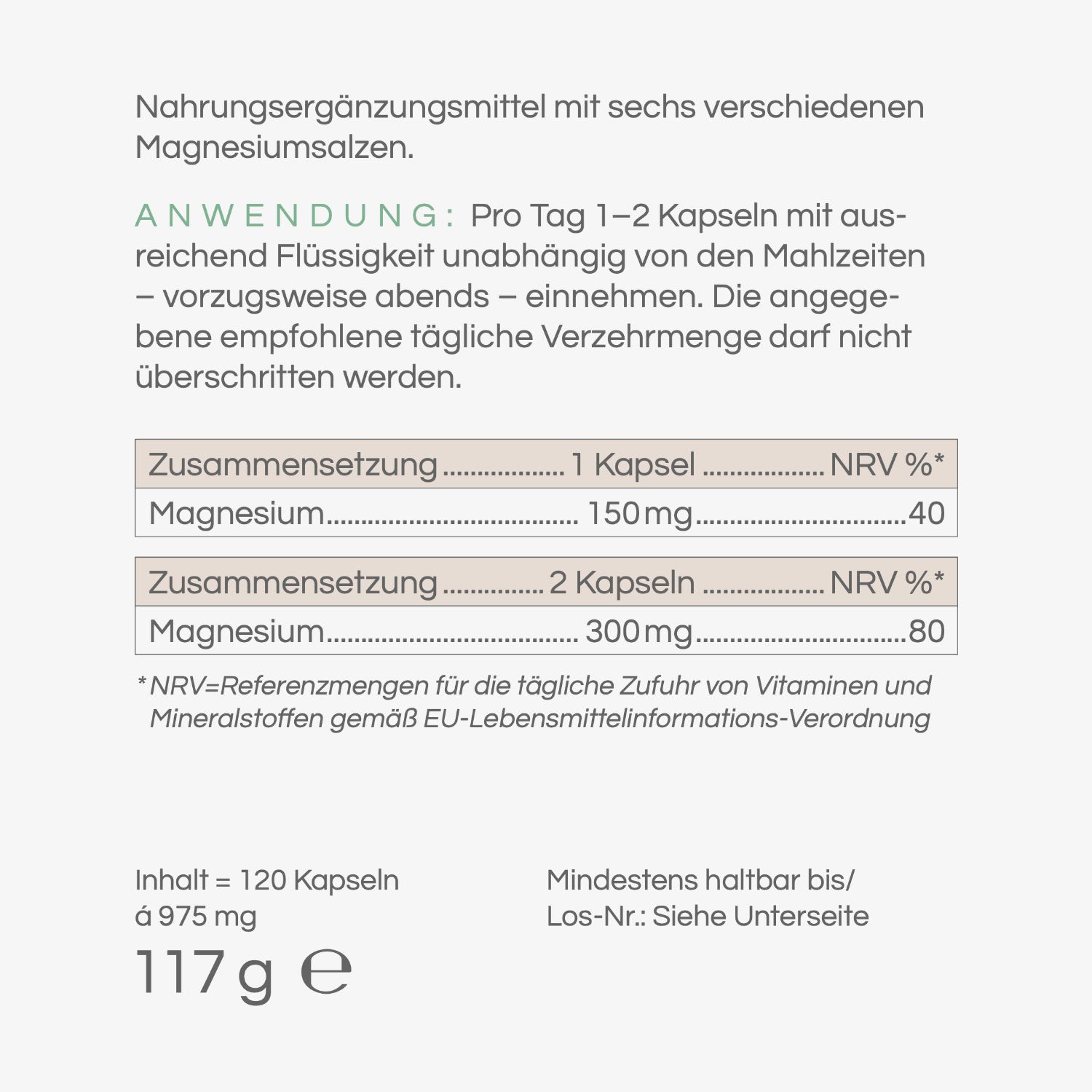 Nahrungsergänzungsmittel M6 SYNERGY MAGNESIUM, 120 Magnesium Kapseln mit verschiedenen Magnesiumsalzen.