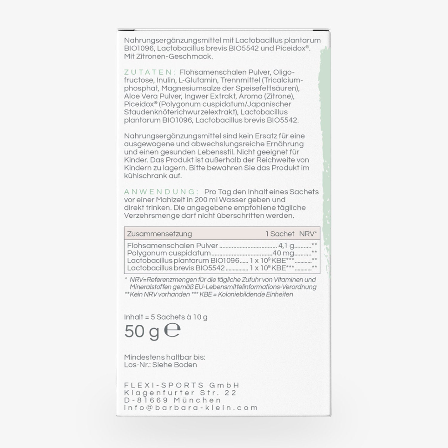 Verpackungsinformation zur LACTOMETABOL Darmkur mit Inhaltsstoffen und Anwendungshinweisen für eine gesunde Darmbalance.