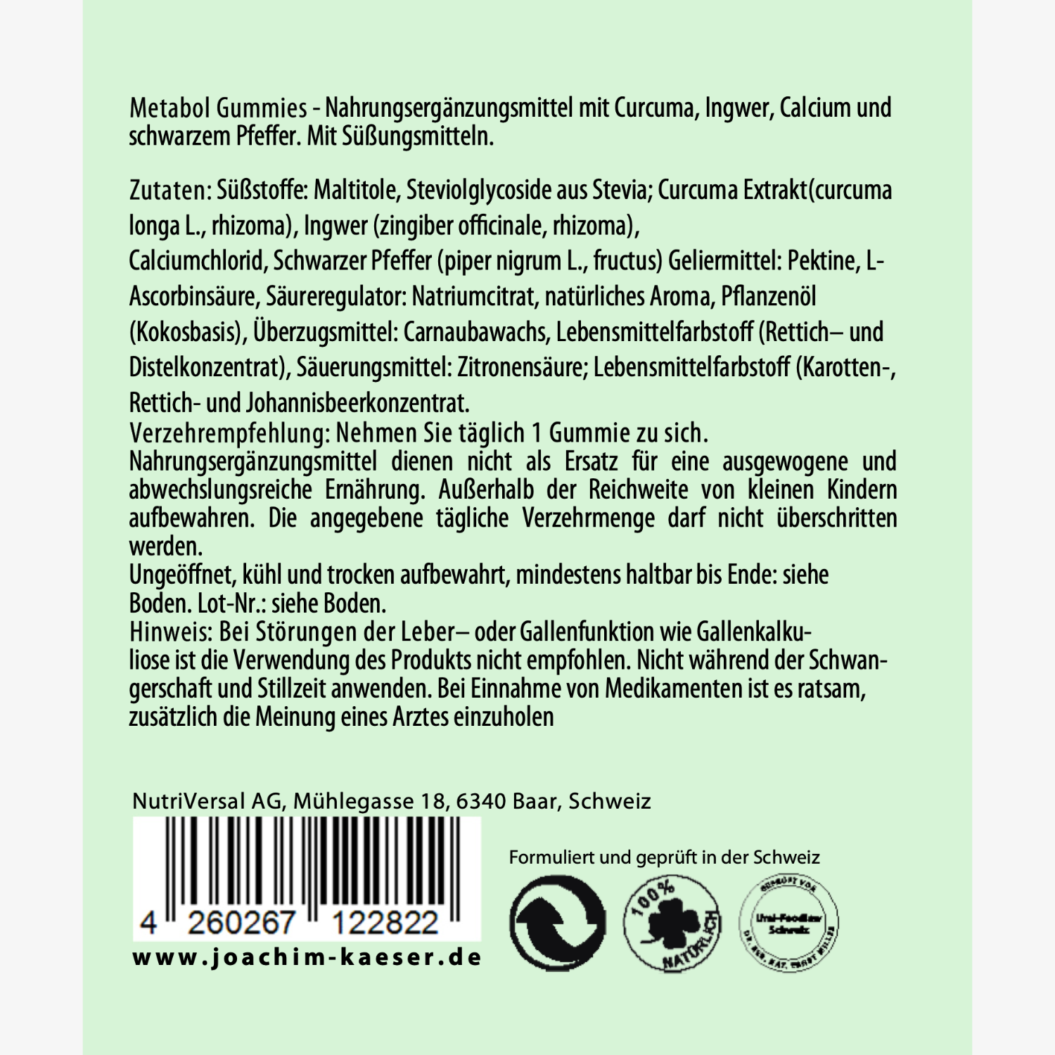 Etikett von Metabol Gummies mit Inhaltsstoffen, Verzehrempfehlung, Warnhinweisen und Herstellerinformationen.