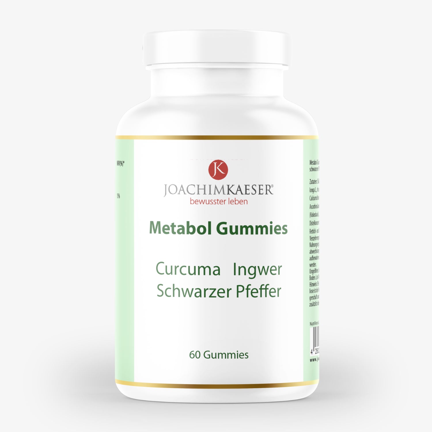 Weiße Flasche mit grünem Etikett, "Metabol Gummies", 60 Stück, Zutaten: Curcuma, Ingwer, Schwarzer Pfeffer.
