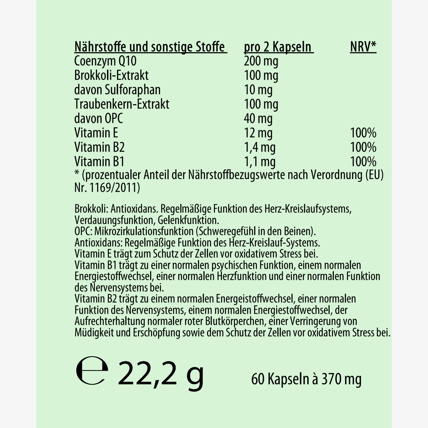 Etikett mit Nährstoffen pro 2 Kapseln, darunter Coenzym Q10, Brokkoli- und Traubenkern-Extrakt, Vitamine.
