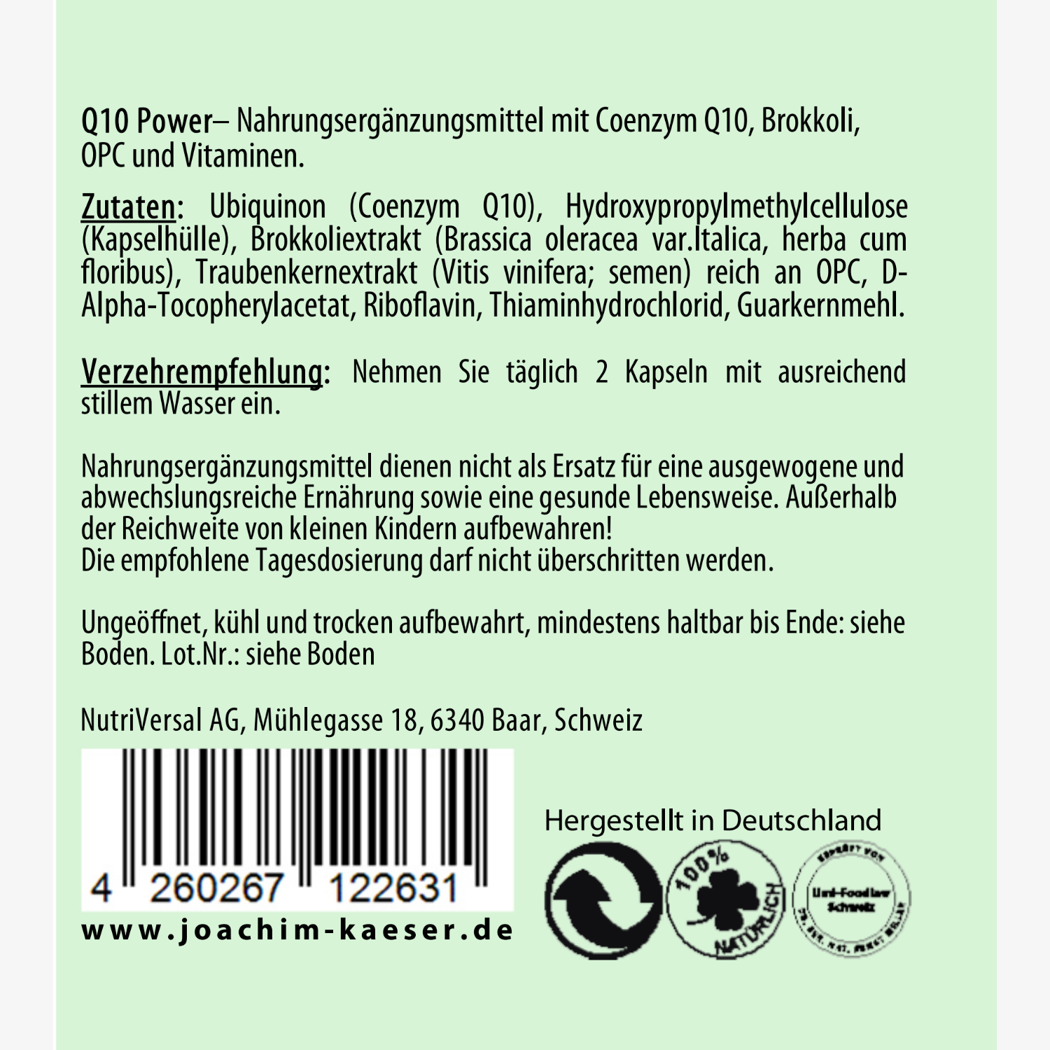 Etikett eines Nahrungsergänzungsmittels mit Inhaltsstoffen, Verzehrempfehlung, Herstellerangaben und Barcodes.