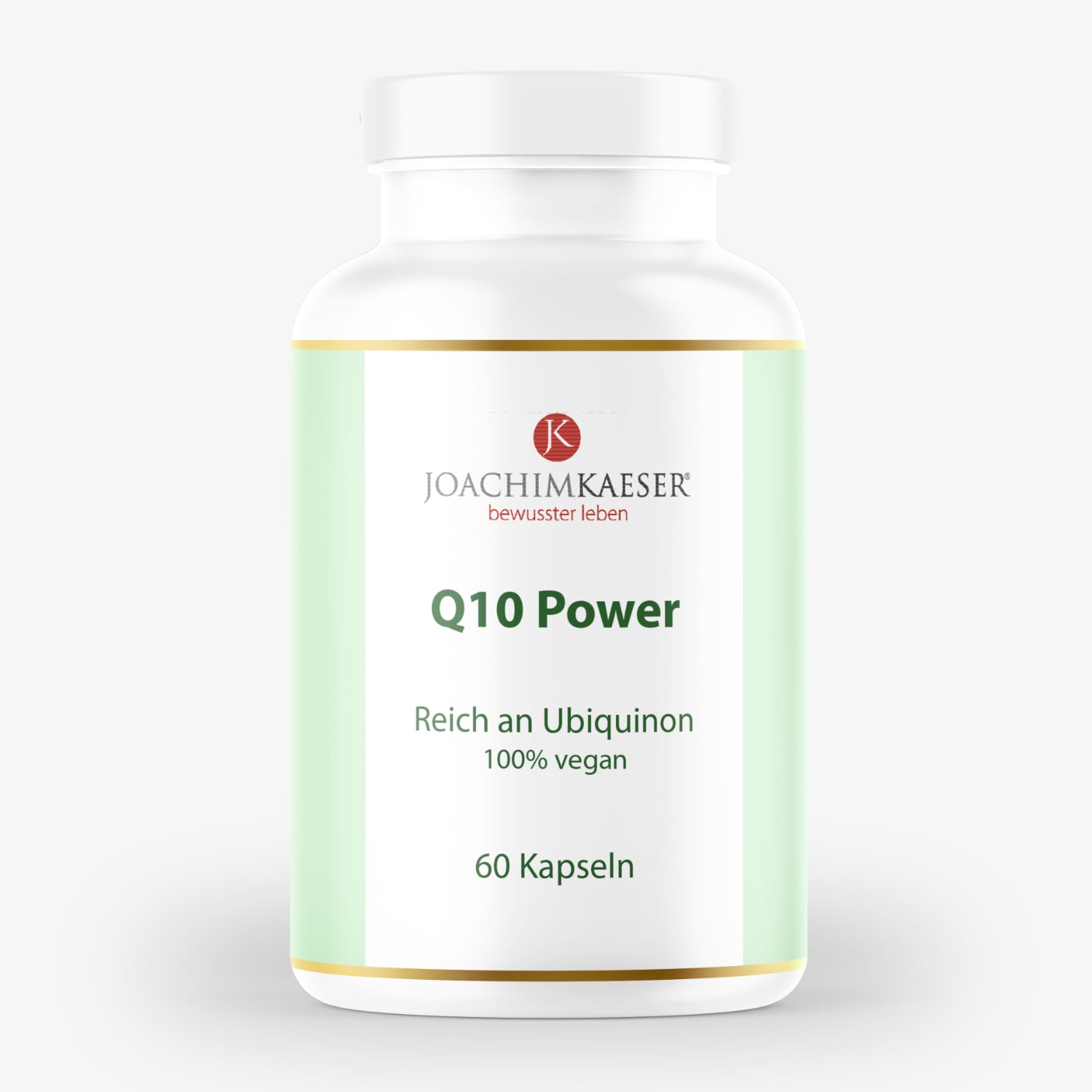 Weiße Flasche mit der Aufschrift "Q10 Power", 100% vegan, enthält 60 Kapseln, grün-weiße Gestaltung.