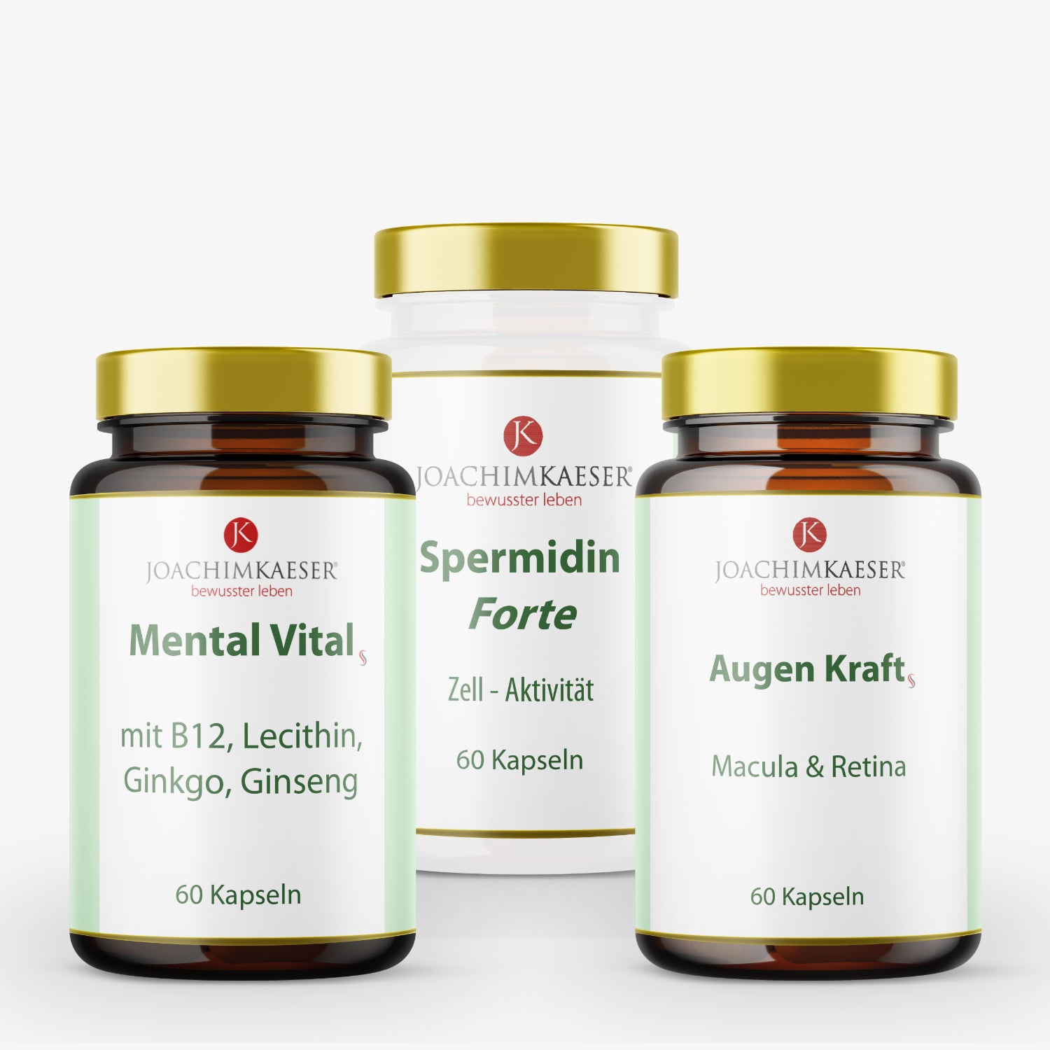 Drei Nahrungsergänzungsmittel-Flaschen von Joachim Kaeser: Mental Vital, Spermidin Forte und Augen Kraft mit 60 Kapseln.