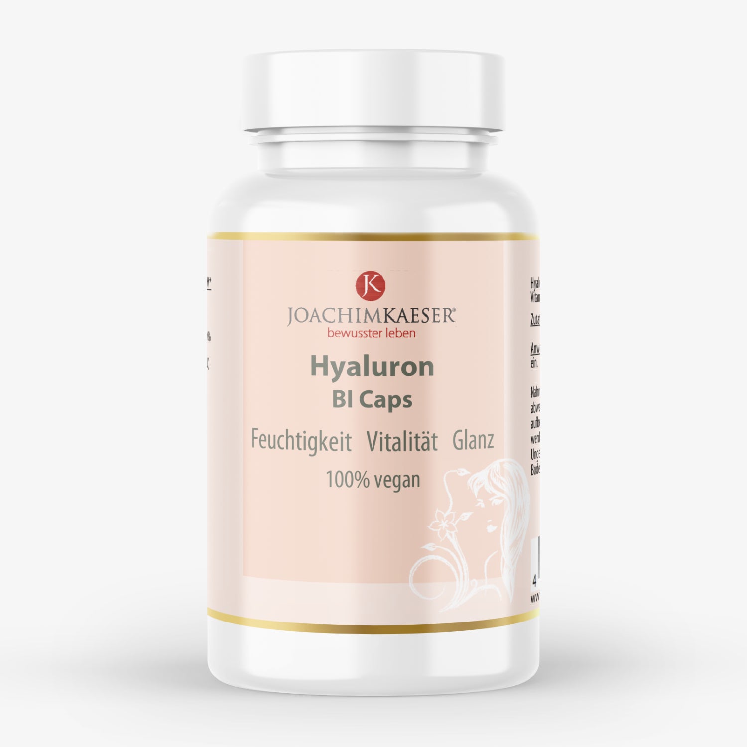 Weißes Fläschchen mit der Aufschrift "Joachim Kaeser Hyaluron Bl Caps", bewirbt Feuchtigkeit, Vitalität, Glanz, 100% vegan.