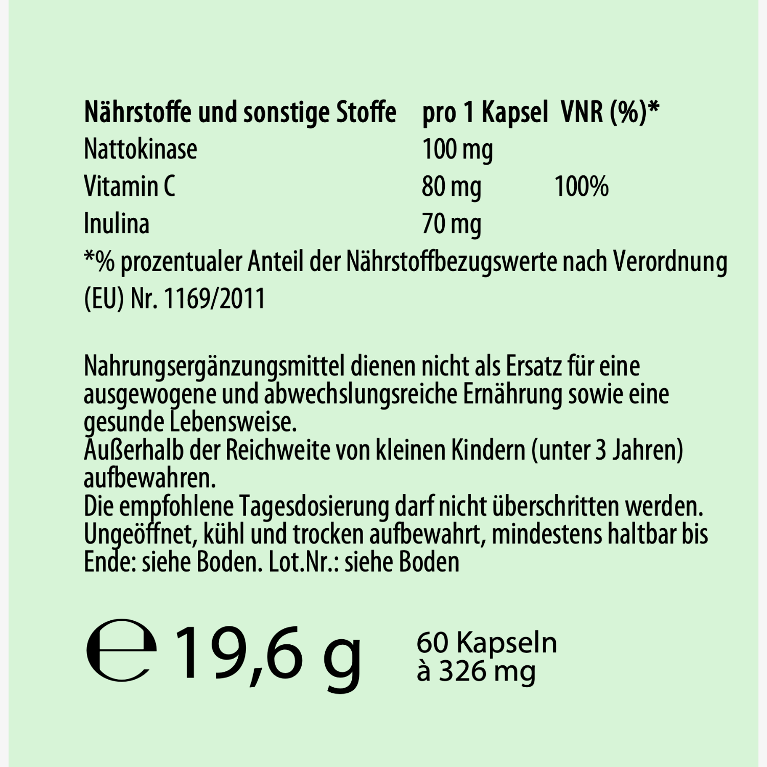 Etikett für Nahrungsergänzungsmittel mit Inhaltsstoffen: Nattokinase, Vitamin C, Inulina; 60 Kapseln à 326 mg.