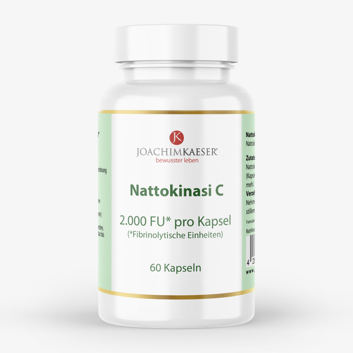 Weißes Fläschchen mit grünem Etikett von NattoKinasi C von Joachim Kaeser, 60 Kapseln, 2000 FU pro Kapsel.