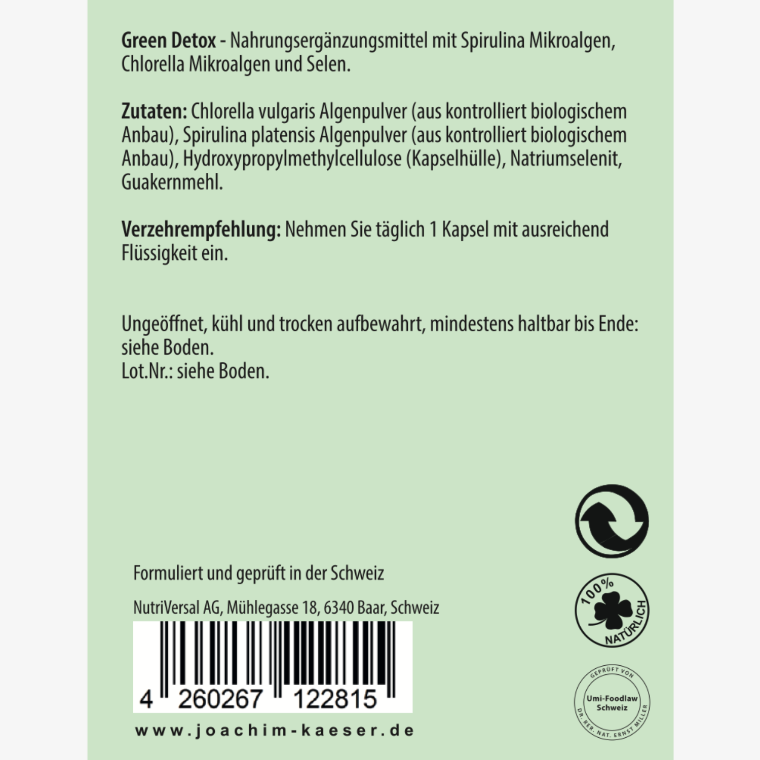 Etikett eines Nahrungsergänzungsmittels mit Inhaltsstoffen und Verzehrempfehlung auf grünem Hintergrund.