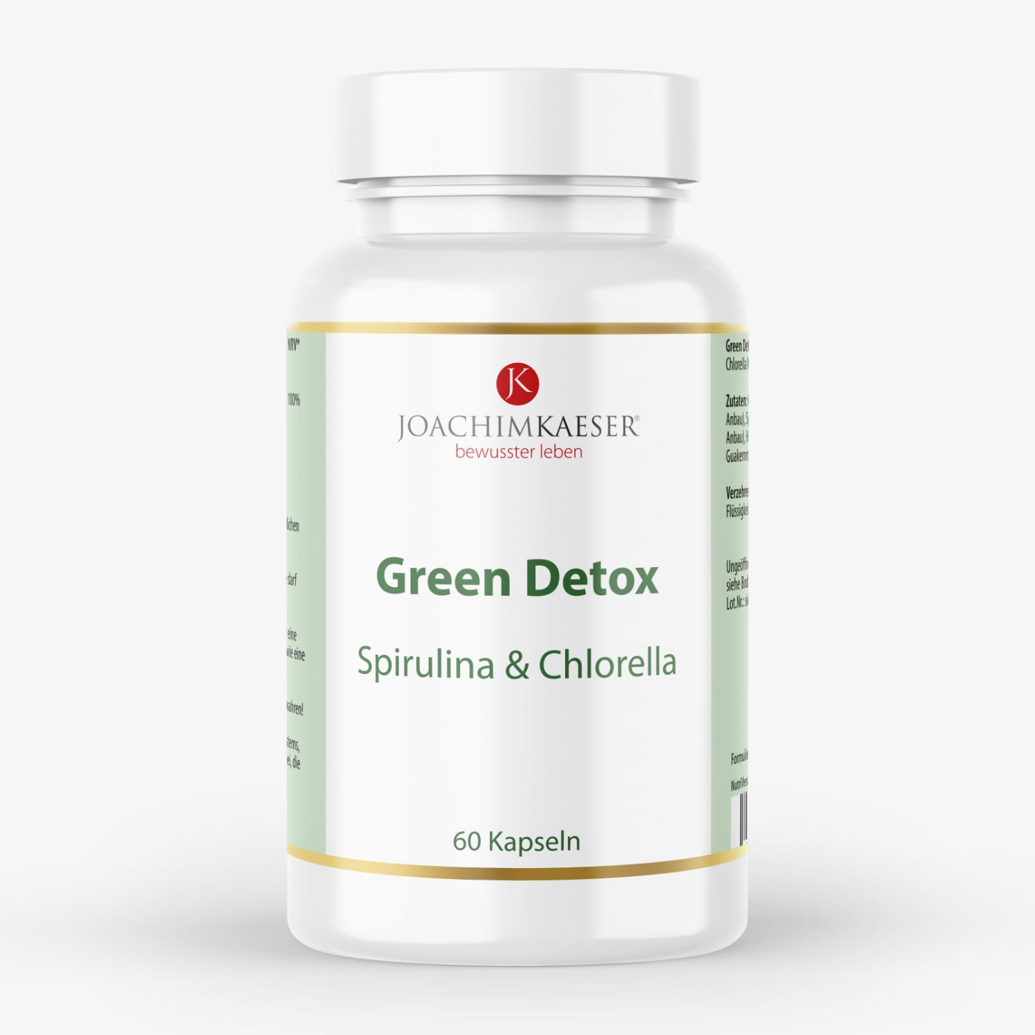 Weiße Plastikflasche mit Spirulina & Chlorella Kapseln von Joachim Kaeser, beschriftet mit "Green Detox".