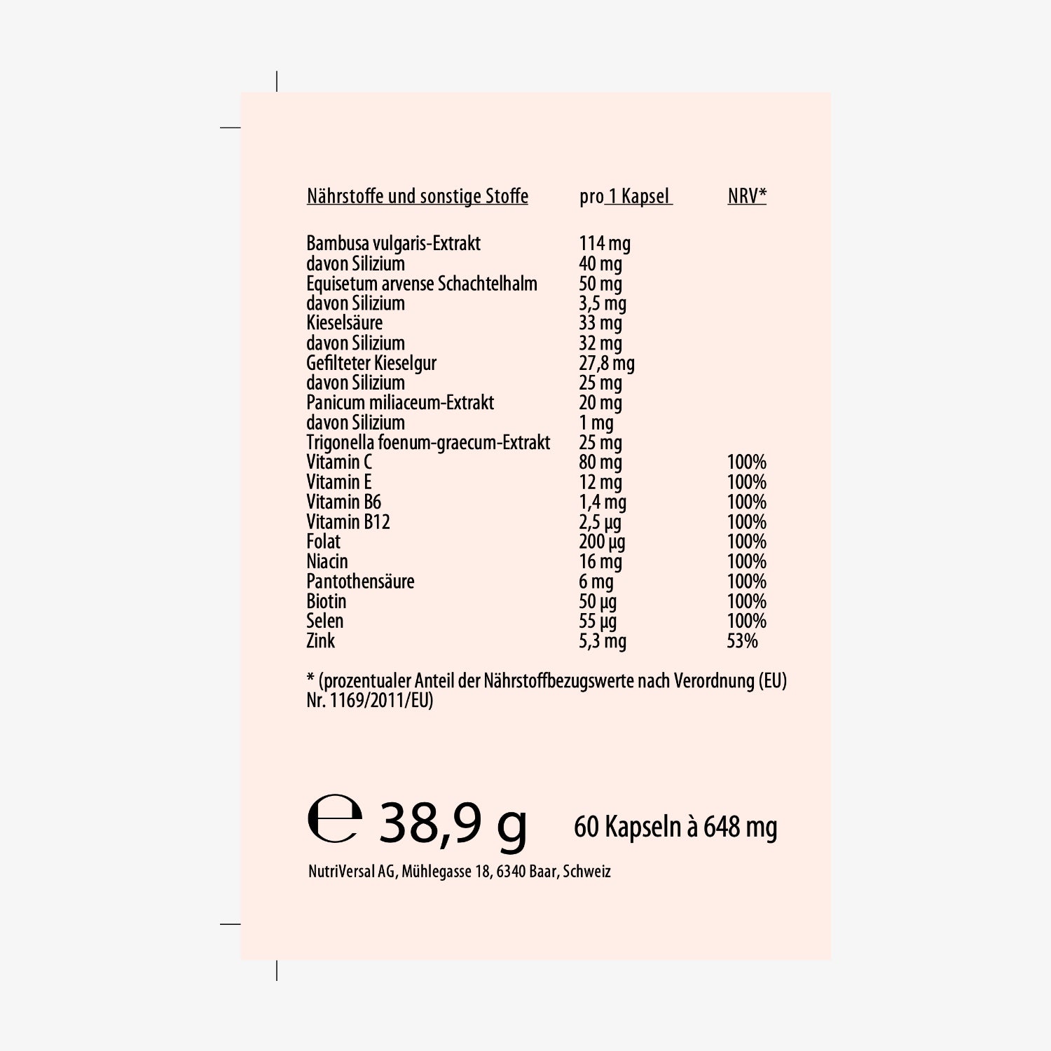 Nährwerttabelle für 60 Kapseln mit Inhaltsstoffen und prozentuale tägliche Werte gemäß EU-Verordnung.