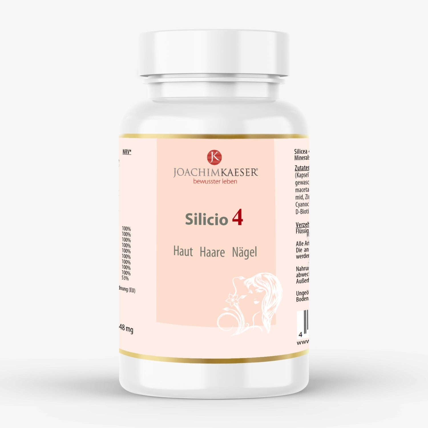 Weiße Flasche mit rosa Etikett von "Silicio 4", einem Produkt für Haut, Haare und Nägel der Marke Joachim Kaeser.