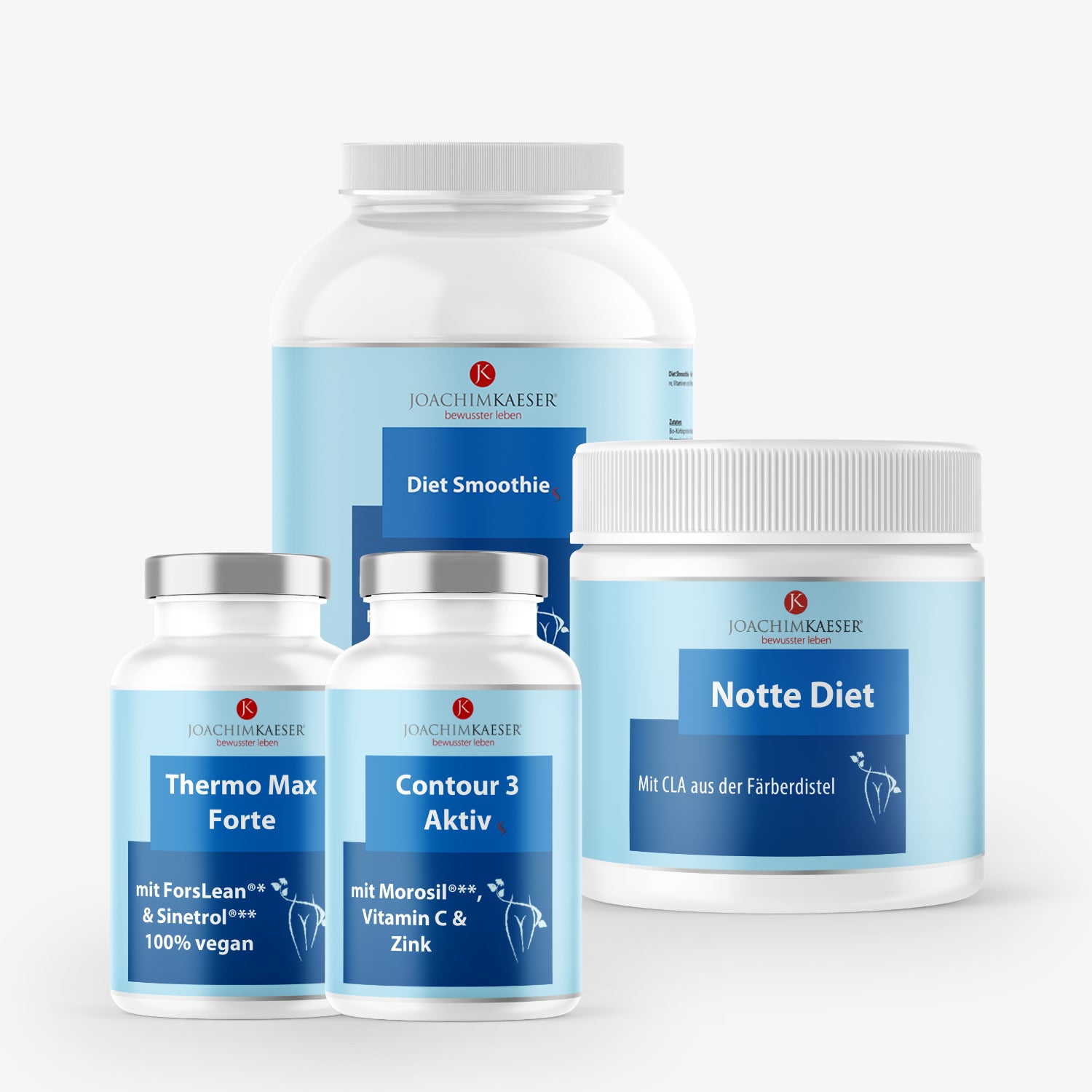 Vier Dosen Nahrungsergänzungsmittel mit blauen Etiketten, darunter "Diet Smoothie" und "Notte Diet".