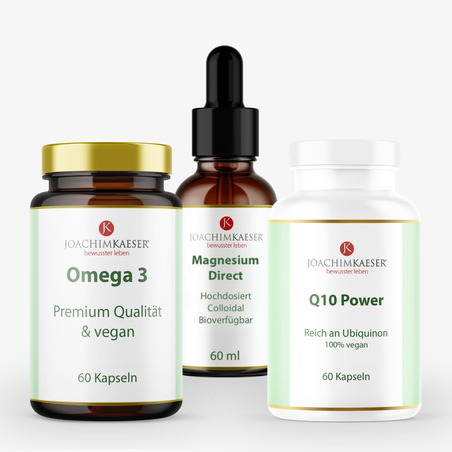 Drei Nahrungsergänzungsmittel von Joachim Kaeser: Omega 3 Kapseln, Magnesium Direct Tropfen und Q10 Power Kapseln.