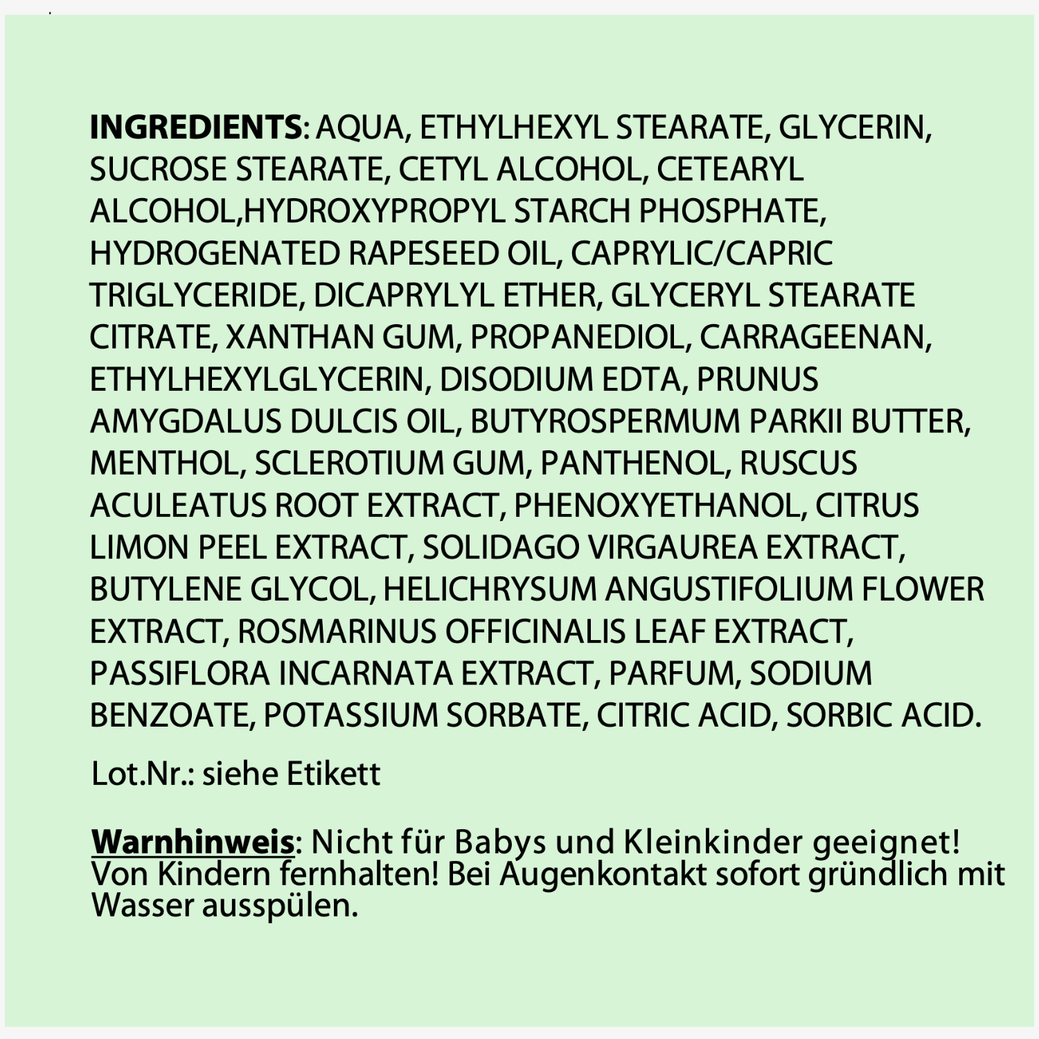 Liste von Inhaltsstoffen und Warnhinweise für ein Produkt auf grünem Hintergrund.