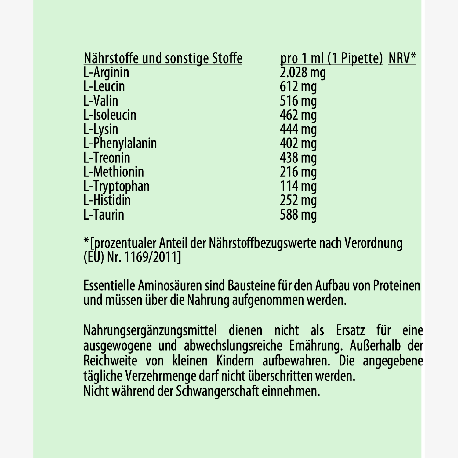 Liste von Nährstoffen und Mengen pro 1 ml mit Anweisungen zur Einnahme von Nahrungsergänzungsmitteln.