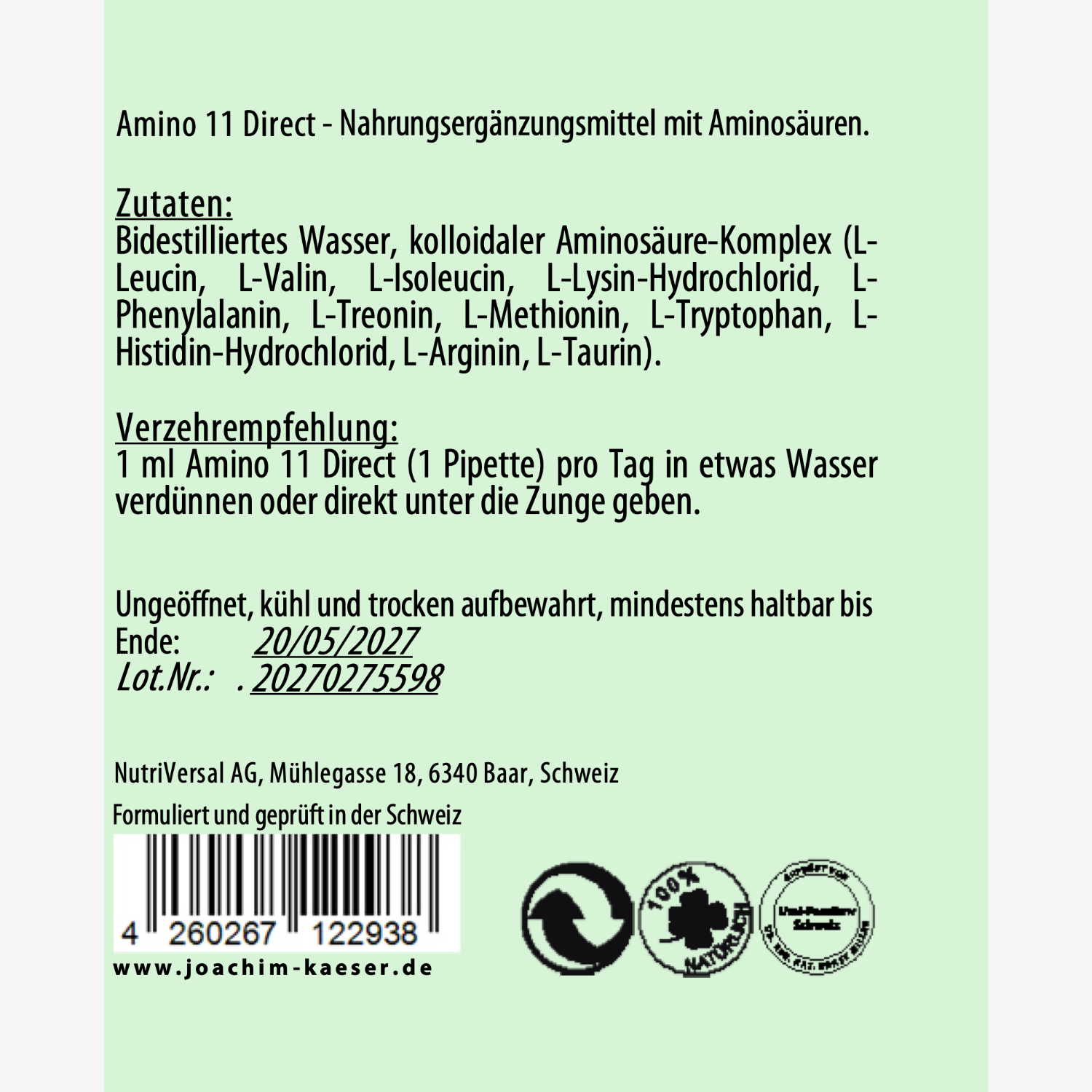 Etikett eines Nahrungsergänzungsmittels mit Aminosäuren, Zutatenliste und Verzehrempfehlung; Mindesthaltbarkeitsdatum: 20/05/2027.