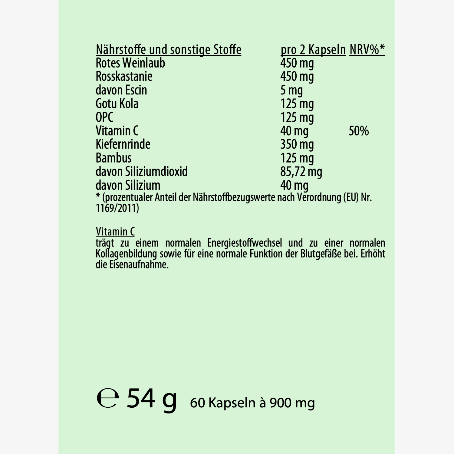 Etikett mit Nährstoffangaben für Kapseln, inklusive Vitamin C, Rotes Weinlaub und Rosskastanie.