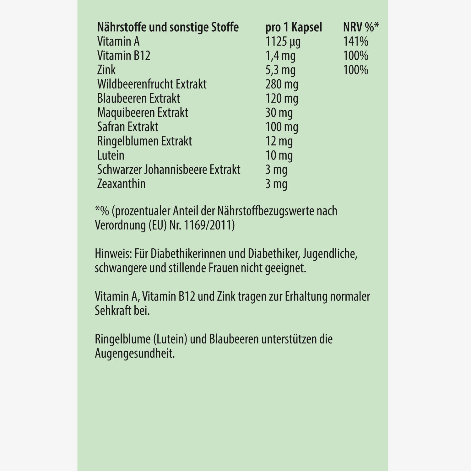 Nährstofftabelle für Kapseln mit Inhaltsstoffen wie Vitamin A, Zink und verschiedenen Fruchtextrakten.