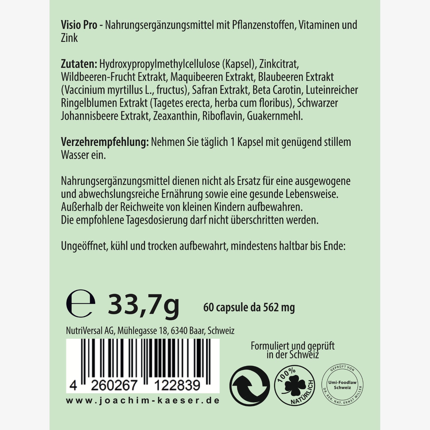 Etikett einer Nahrungsergänzungsmittelverpackung mit Zutatenliste, Verzehrempfehlung und Herstellerangaben.