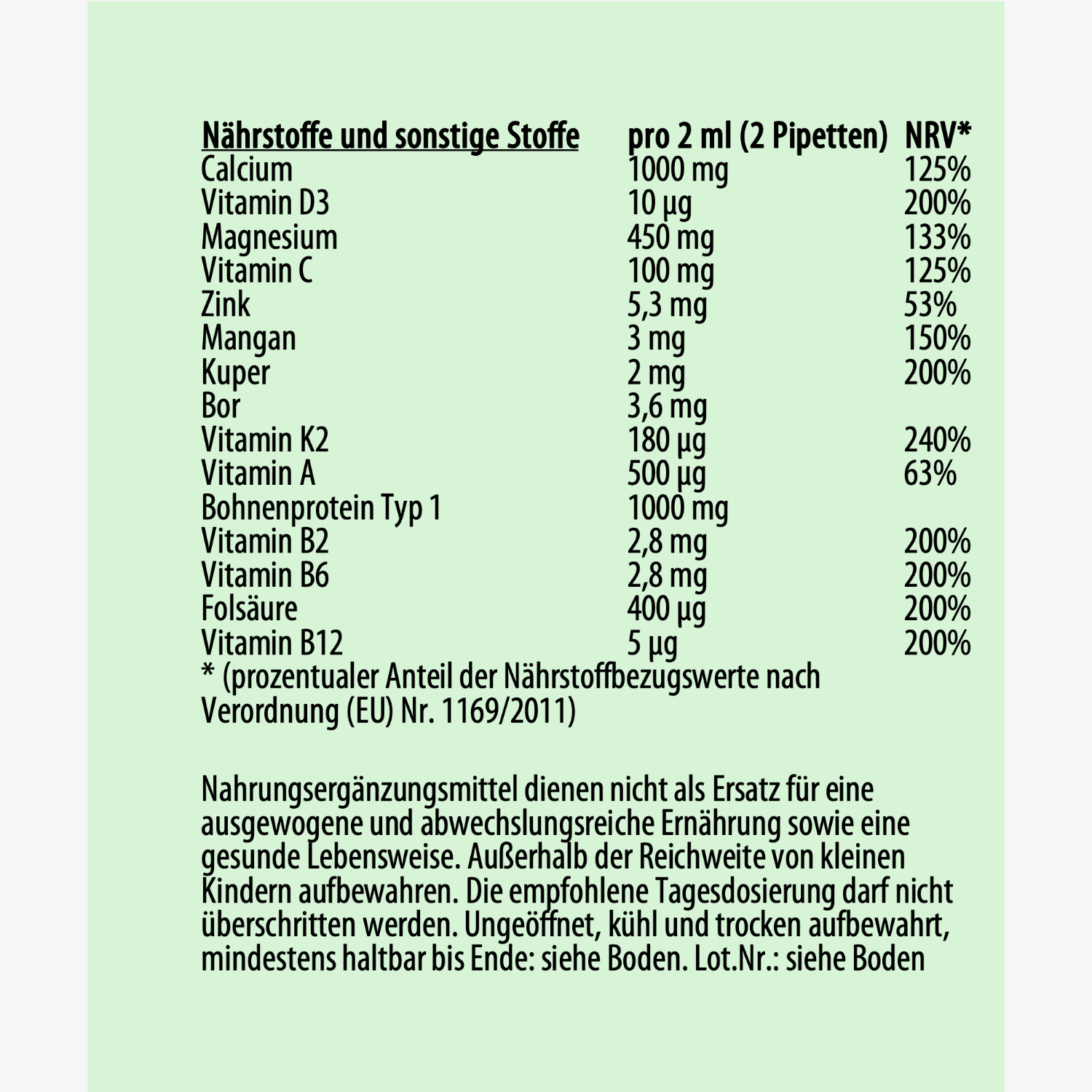 Nährstofftabelle mit Angaben zu Vitaminen und Mineralstoffen pro 2 ml und deren prozentualer Tageswert.