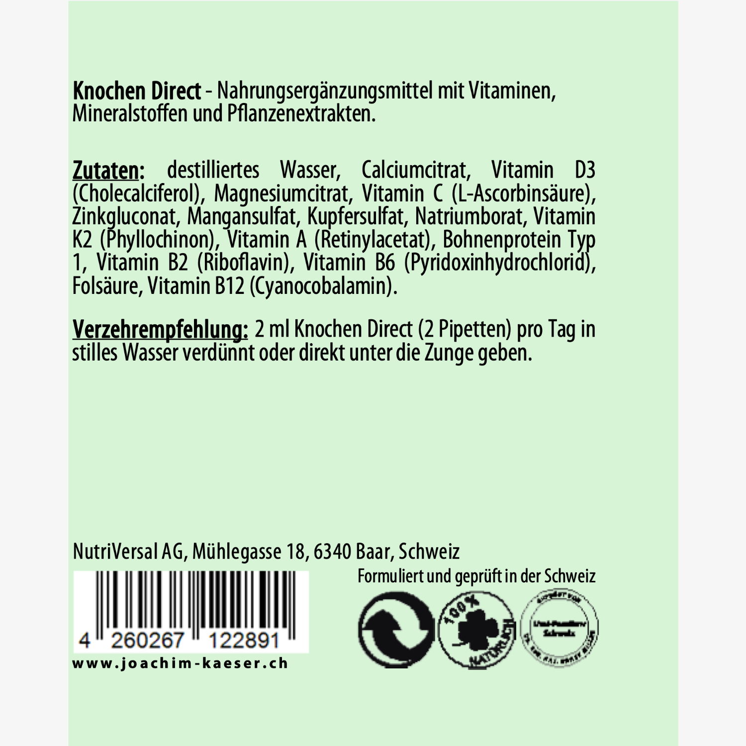 Etikett von "Knochen Direct", einem Nahrungsergänzungsmittel, mit Zutatenliste und Verzehrempfehlung in deutscher Sprache.