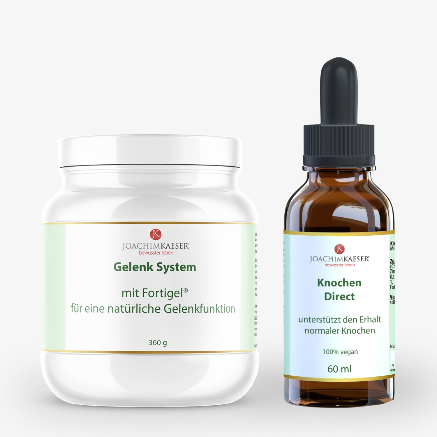 Eine Dose "Gelenk System" und eine Flasche "Knochen Direct" von Joachim Kaeser, beide Produkte stehen nebeneinander.