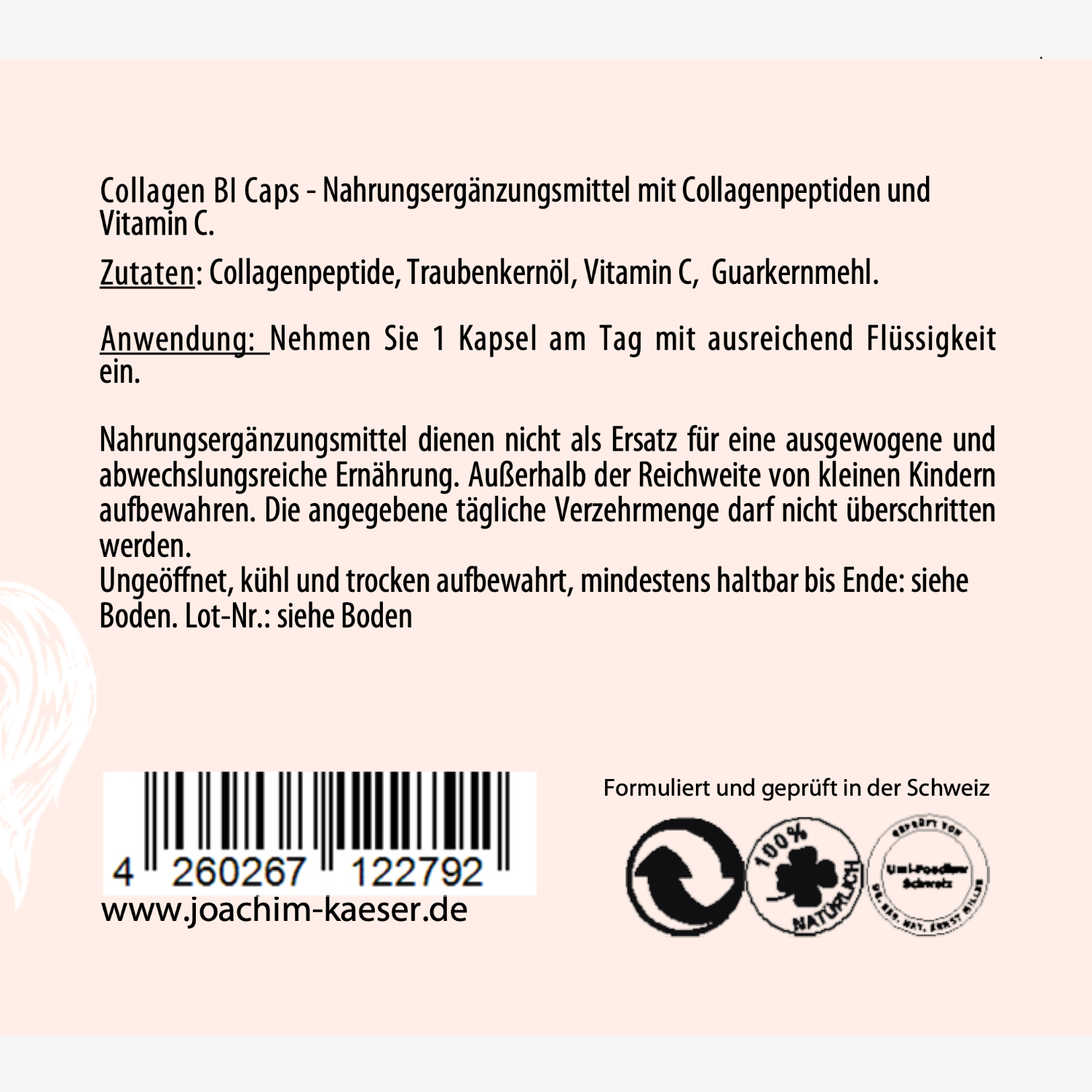 Etikett von Collagen BI Caps Nahrungsergänzungsmittel mit Zutaten, Anwendungshinweisen und Lagerhinweisen auf Deutsch.