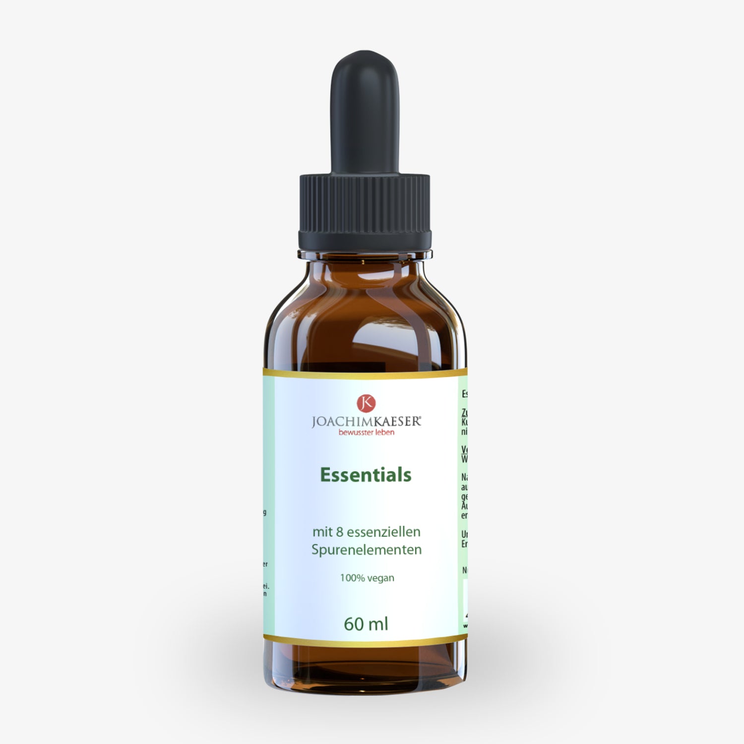 Braune Tropfflasche mit Etikett "Essentials", 60 ml, enthält 8 essenzielle Spurenelemente, vegan.