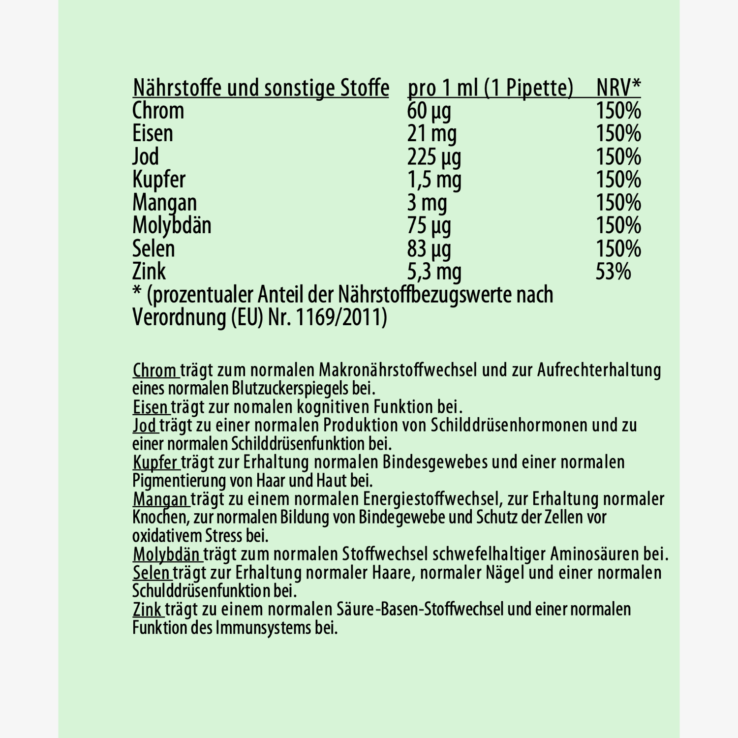 Tabelle mit Nährstoffinformationen und deren Beitrag zu normalen Körperfunktionen, bezogen auf EU-Verordnung.