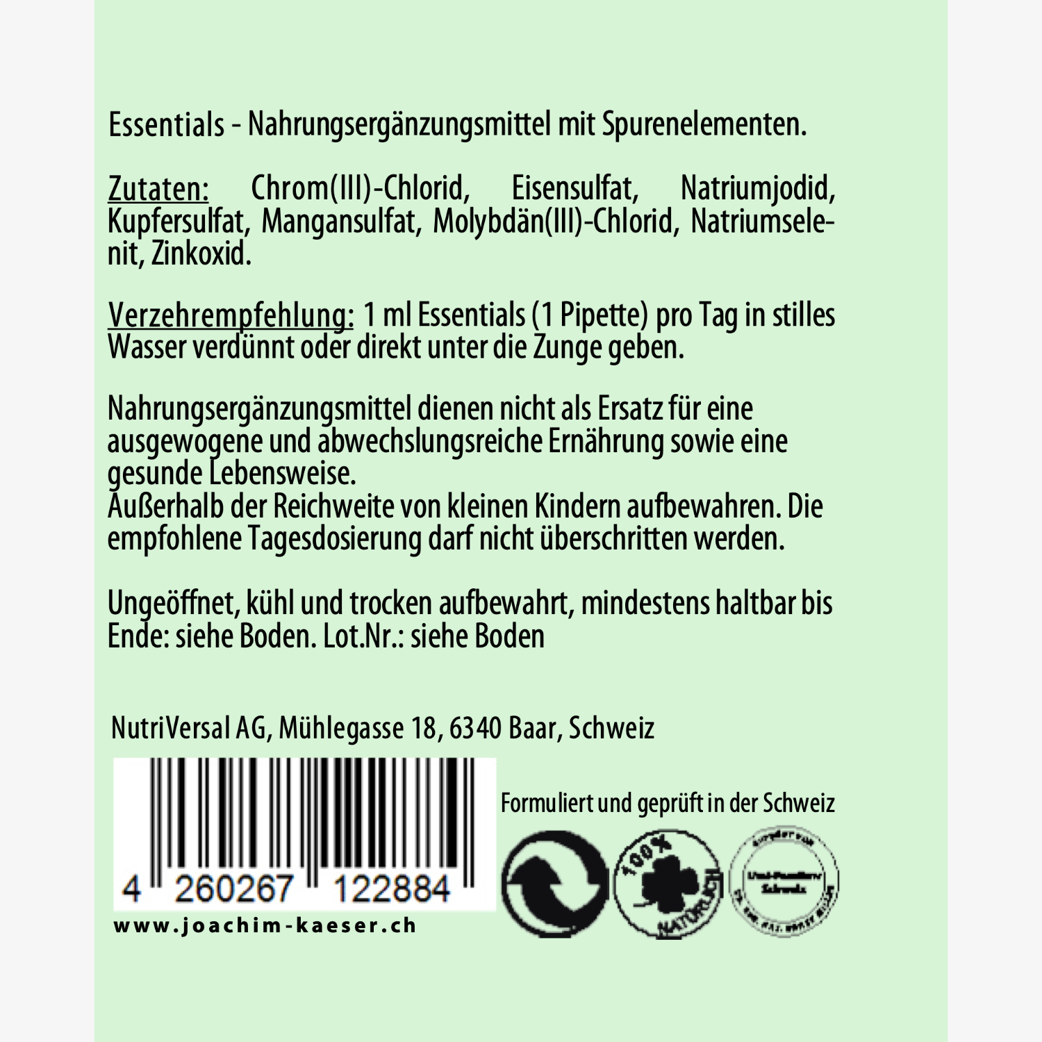 Etikett für Nahrungsergänzungsmittel "Essentials" mit Zutatenliste, Verzehrempfehlung und Herstellerinformationen.