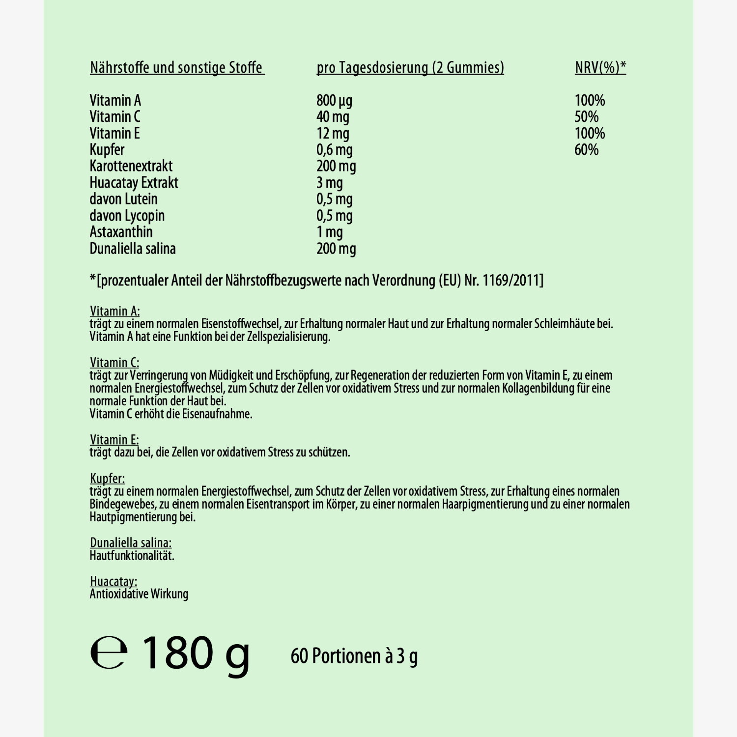 Nährstoffangaben für eine Tagesdosis von 2 Gummies mit Vitaminen und Extrakten, gesamte Packung 180 g, 60 Portionen.