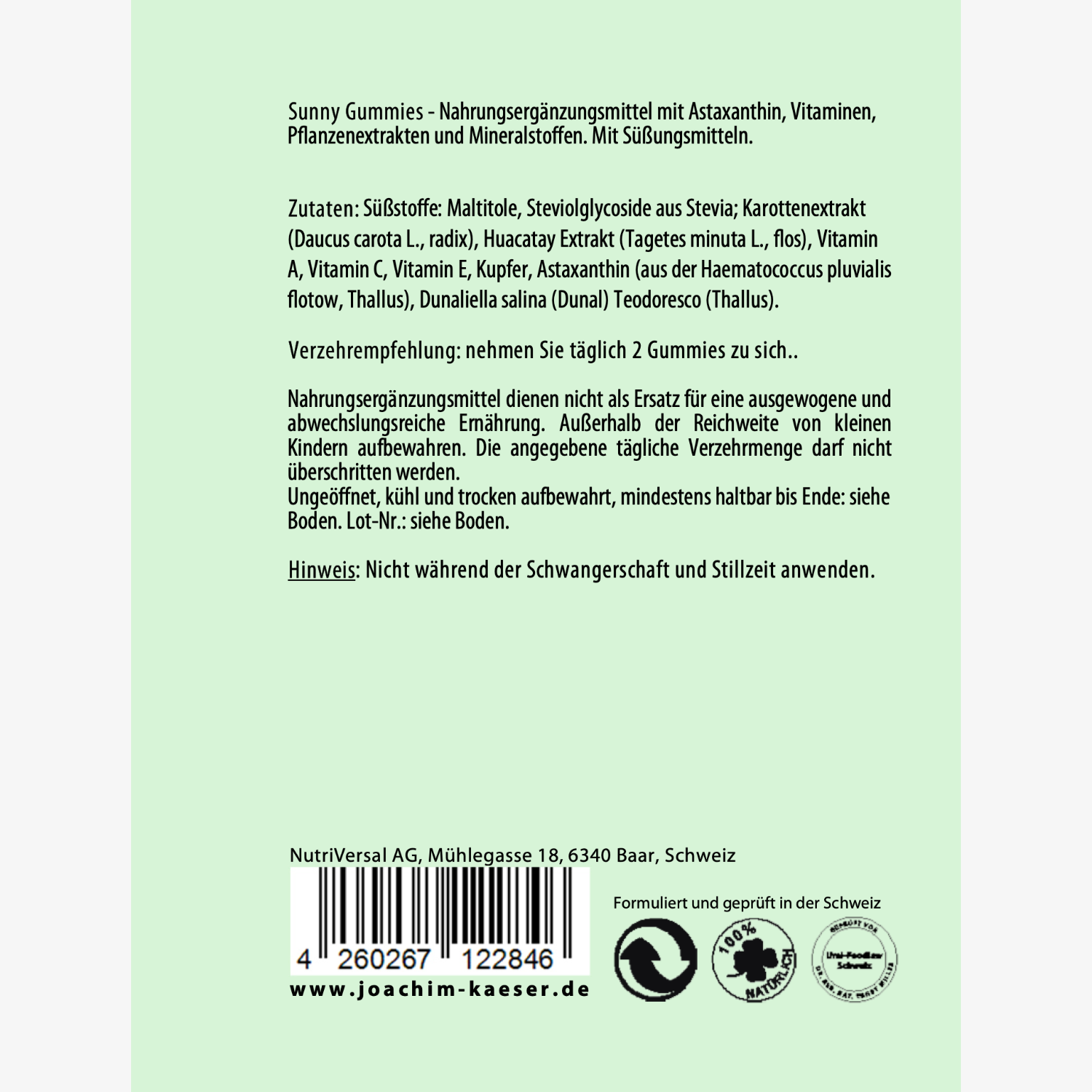 Verpackung von Nahrungsergänzungsmitteln "Sunny Gummies" mit Zutatenliste und Verzehrempfehlung.