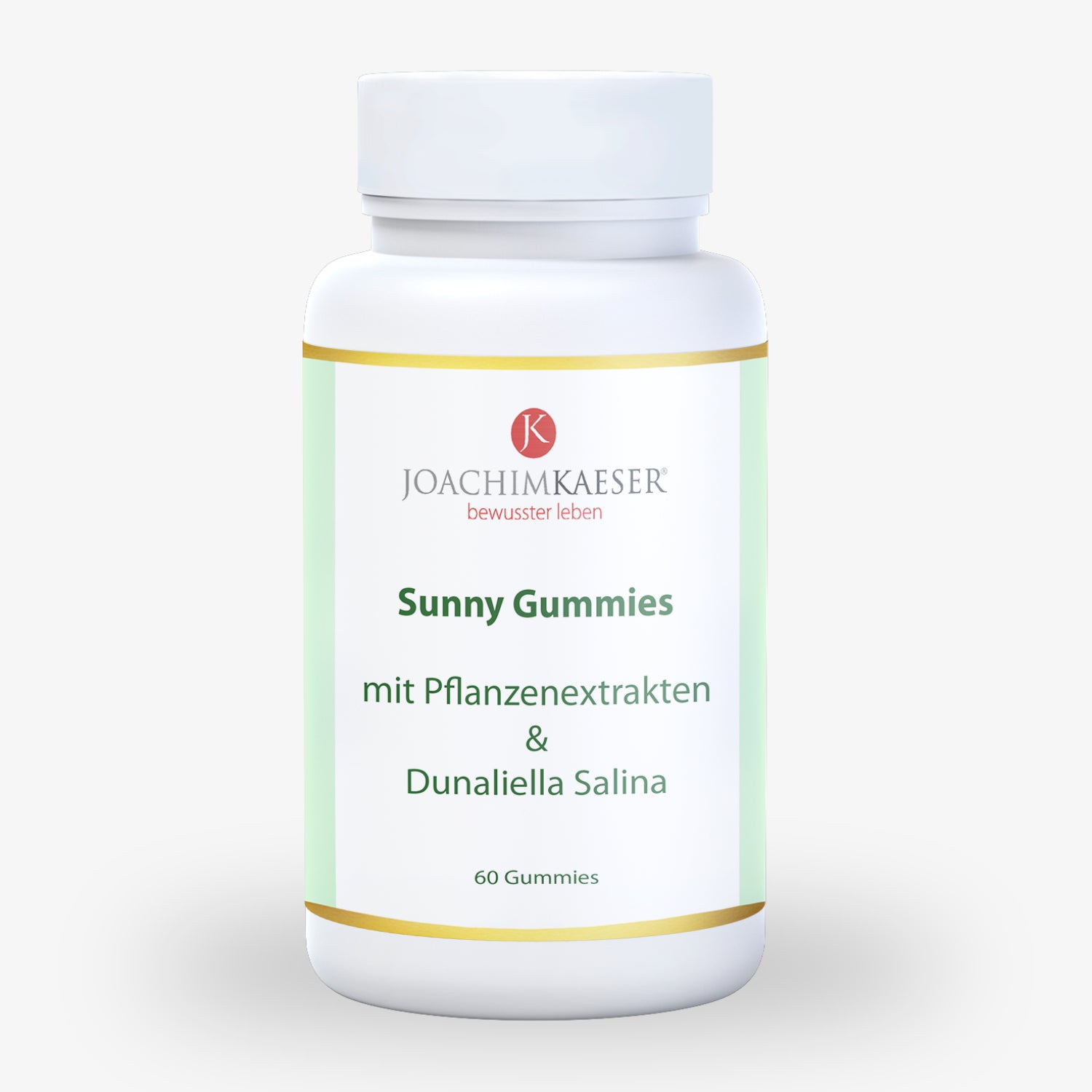 Weiße Flasche mit der Aufschrift "Sunny Gummies mit Pflanzenextrakten & Dunaliella Salina", enthält 60 Gummis.