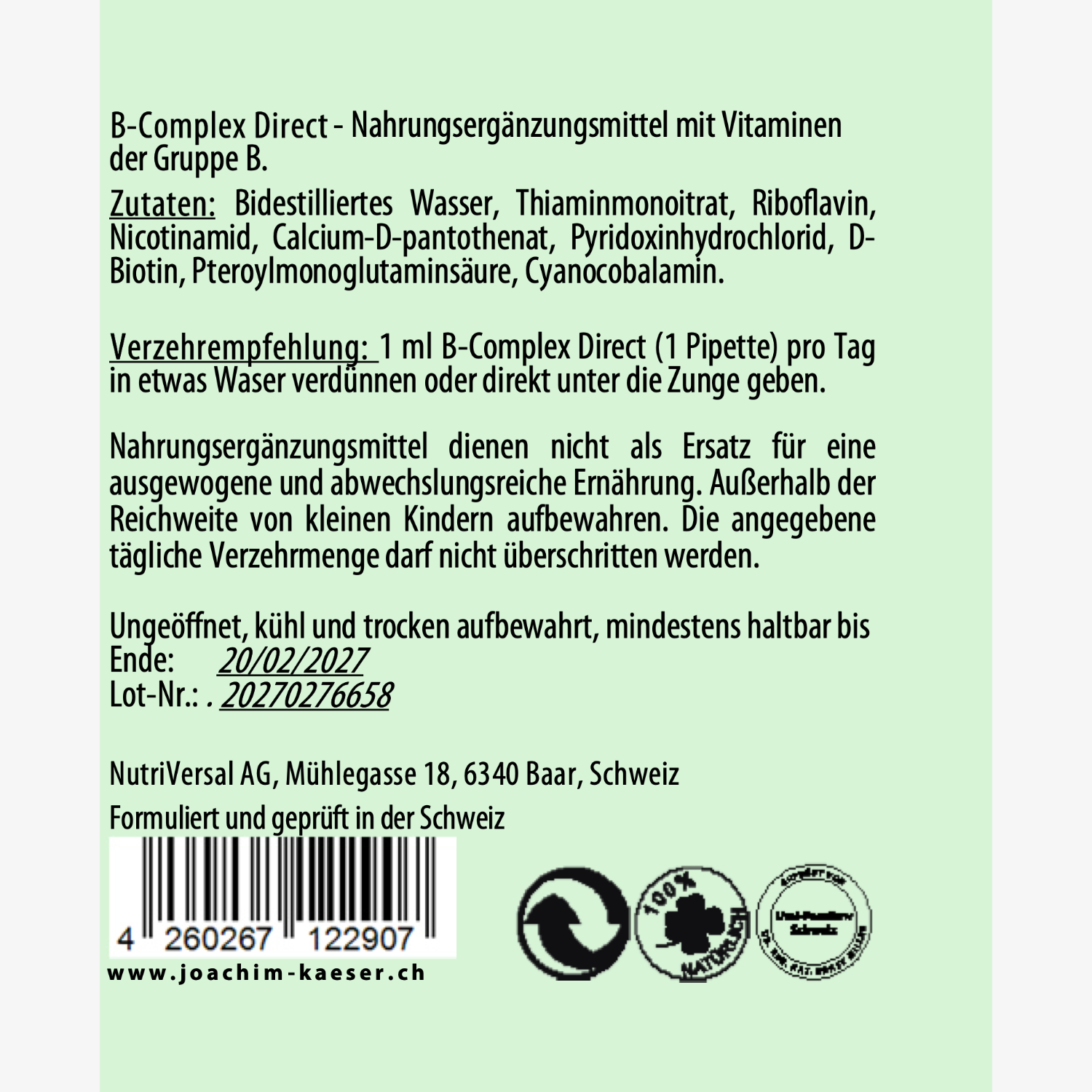 Etikett eines Vitamin-B-Komplex-Nahrungsergänzungsmittels mit Zutaten, Verzehrempfehlung und Haltbarkeitsdatum.