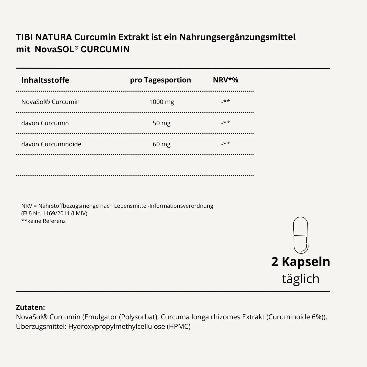Etikett von TIBI NATURA Curcumin-Extrakt mit Inhaltsstoffen, Verzehrempfehlung und Zusatzstoffe für Nahrungsergänzungsmittel.