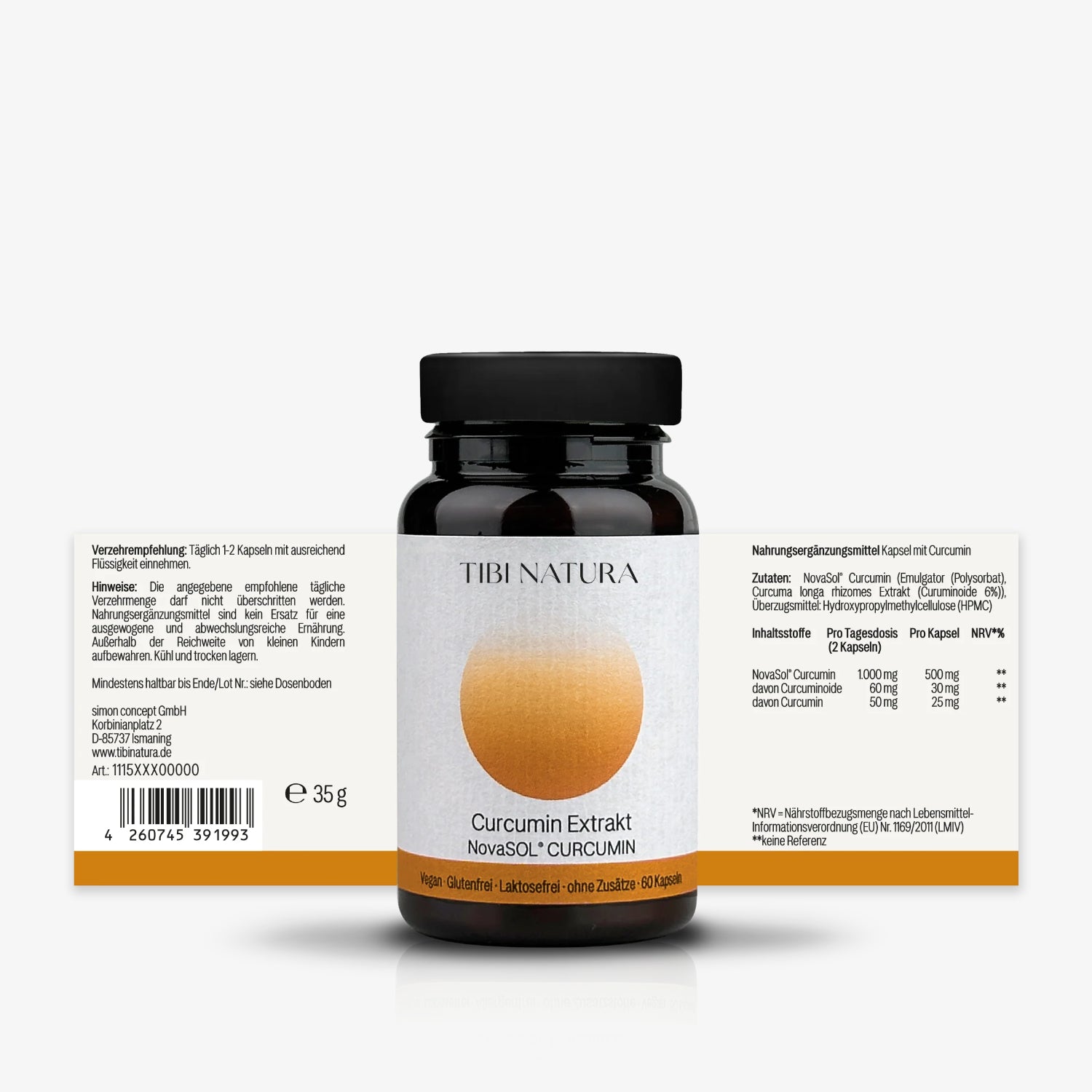 Ein Glas mit Etikett für Tibi Natura Curcumin Extrakt, umgeben von einer detaillierten Produktbeschreibung.