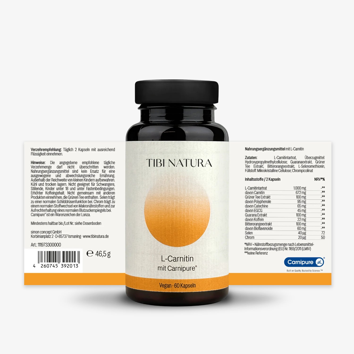 Eine schwarze Flasche Tibi Natura L-Carnitin mit Carnipure auf weißem Hintergrund, flankiert von Produktetiketten.