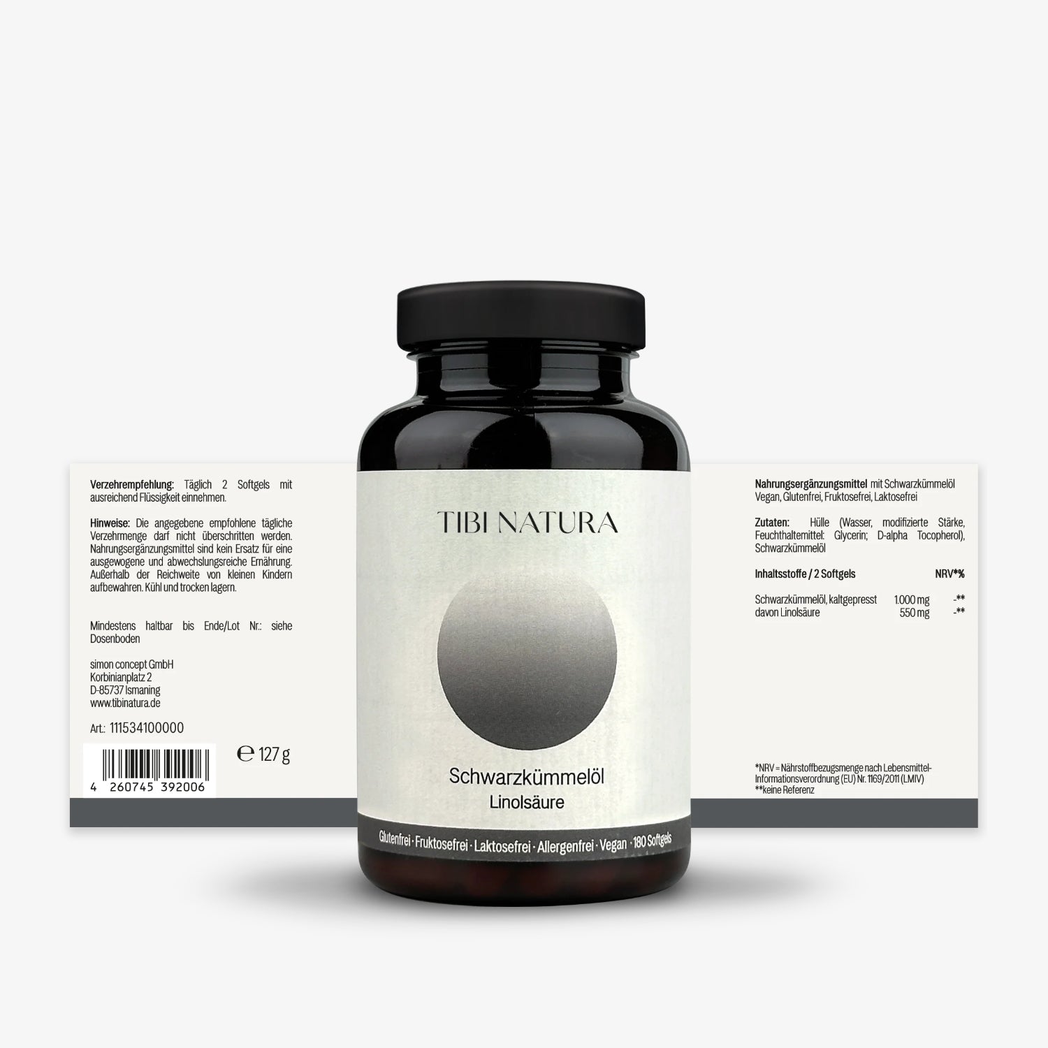 Schwarze Flasche des Nahrungsergänzungsmittels "Tibi Natura Schwarzkümmelöl" mit Etikett und Inhaltsangaben.