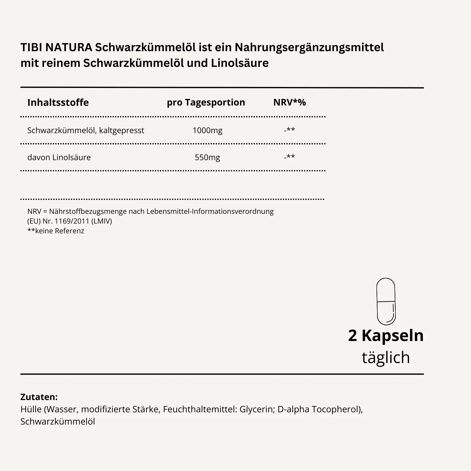 Etikett eines Schwarzkümmelöl-Nahrungsergänzungsmittels mit Inhaltsstoffangaben und Dosierungsempfehlung von 2 Kapseln täglich.