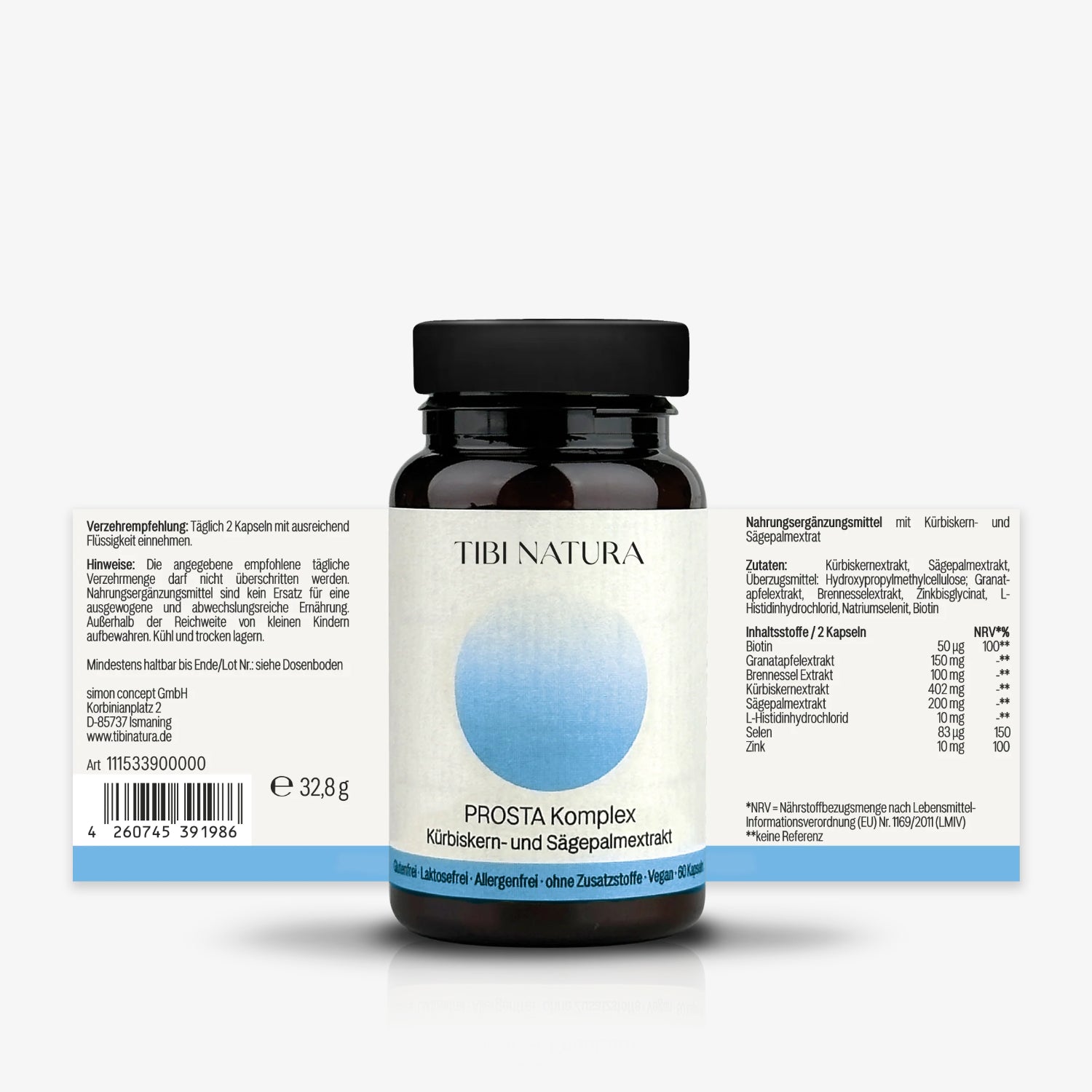 Dunkles Glasfläschchen von Tibi Natura mit Prosta Komplex Nahrungsergänzungsmittel, Zutatenliste an der Seite.