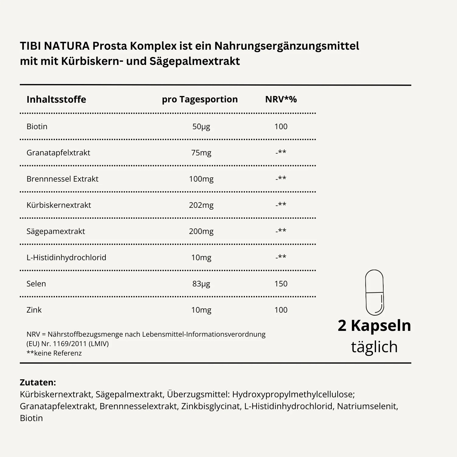Nahrungsergänzungsmittel Etikett mit Inhaltsstoffen wie Kürbiskern- und Sägetalmextrakt, Biotin und Zink.
