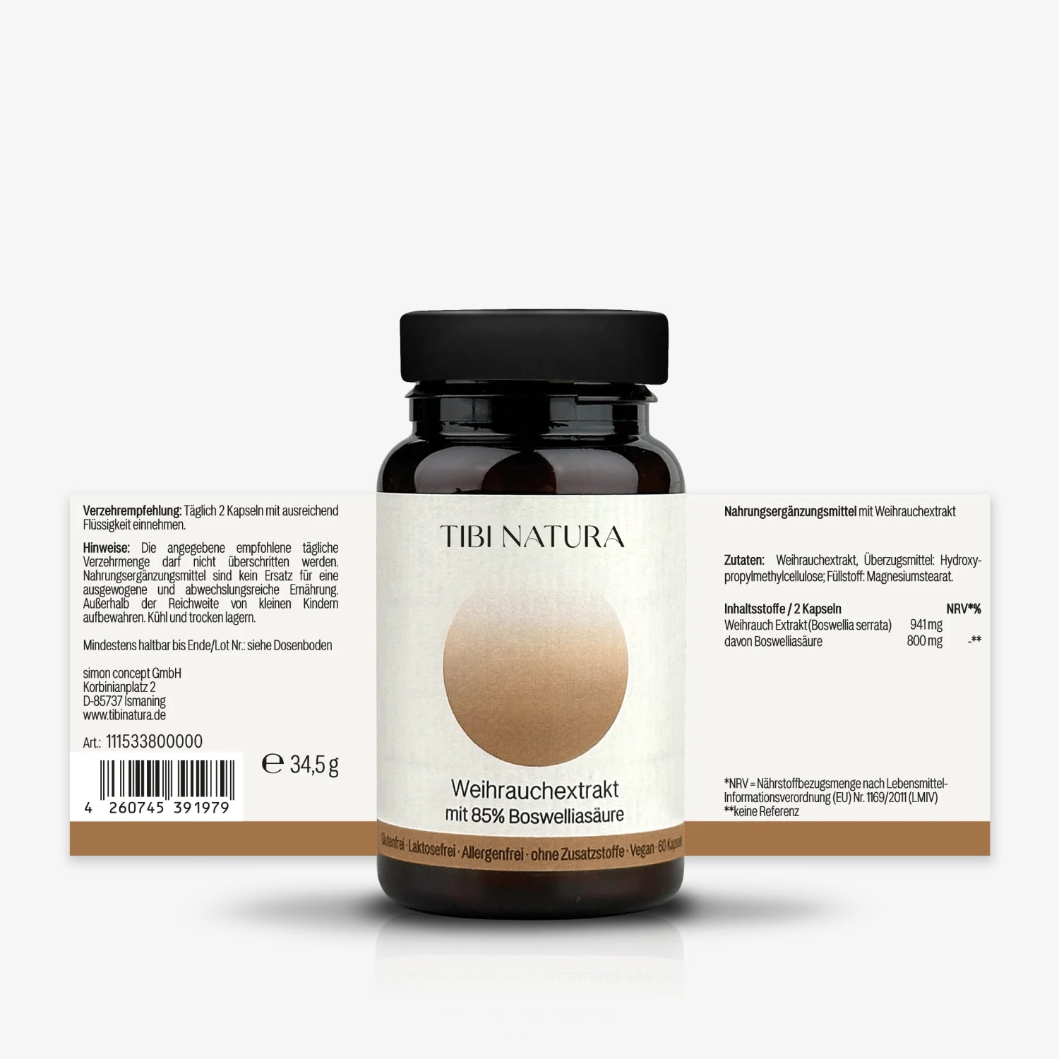 Braunes Glas mit Tibi Natura Weihrauchextrakt, Etikett mit Details zu Zutaten und Einnahmeempfehlung.