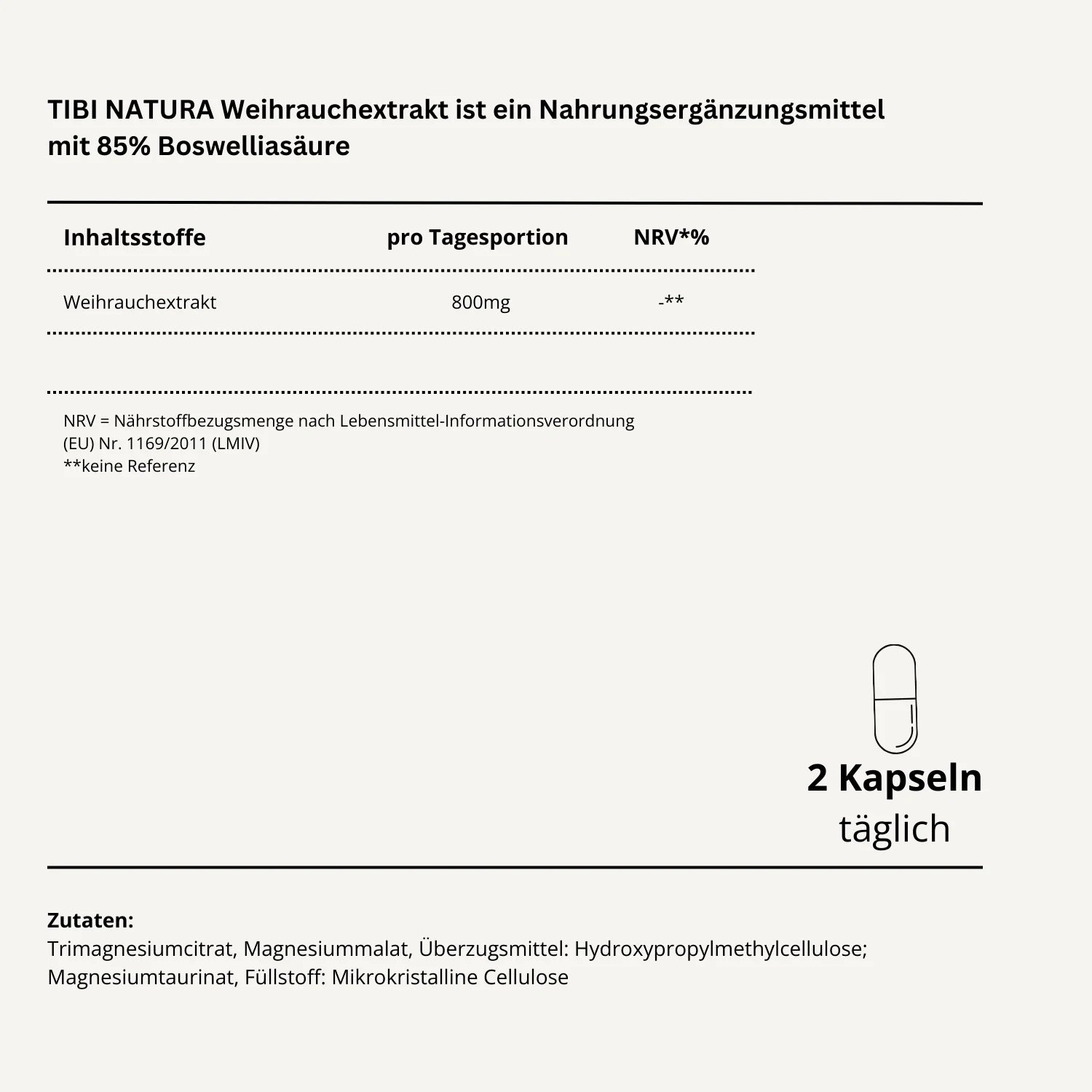 Etikett eines Nahrungsergänzungsmittels mit Weihrauchextrakt, Inhaltsstoffe und Dosierungsempfehlung von 2 Kapseln täglich.