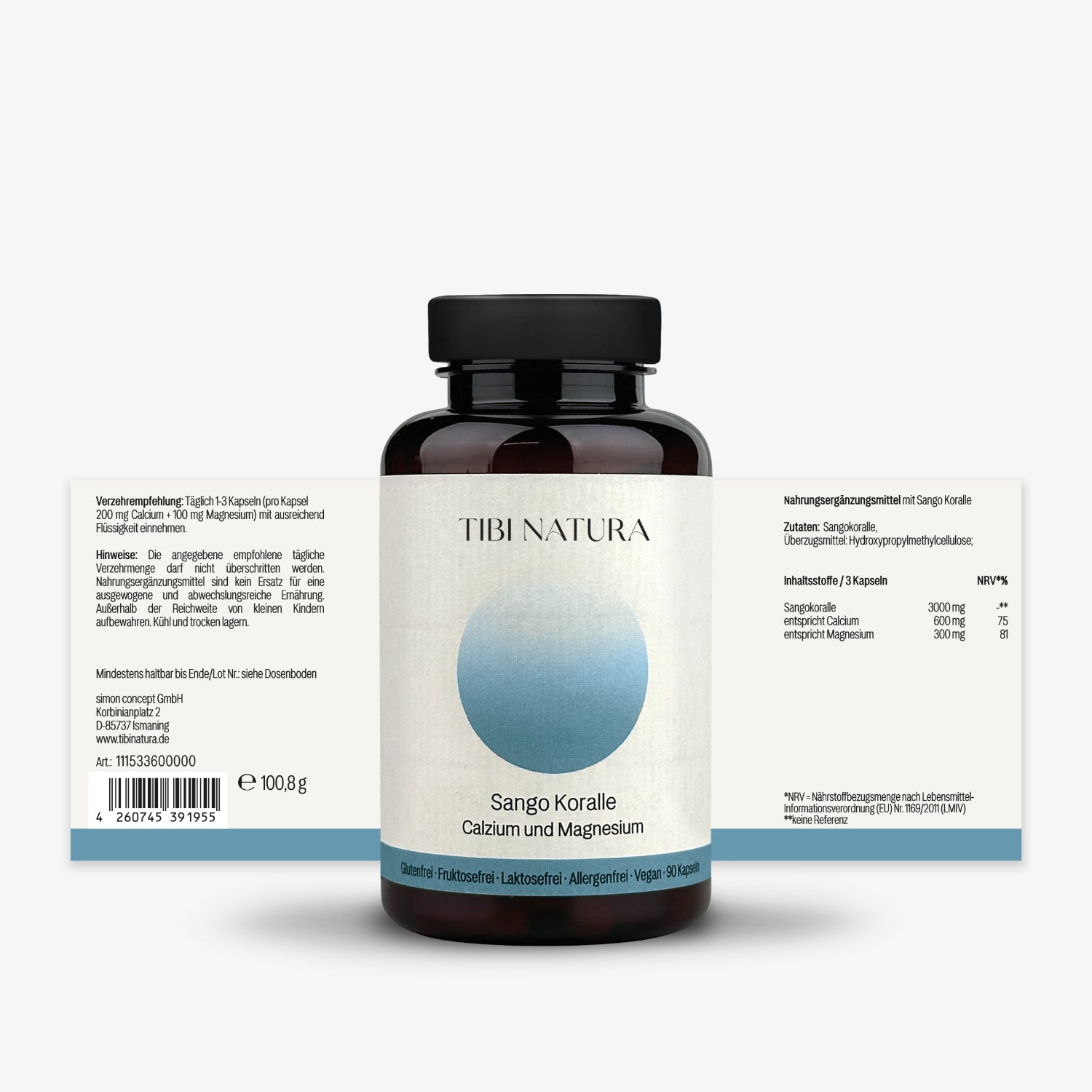 Braunes Glasgefäß mit Sango-Korallen-Nahrungsergänzungsmittel-Etikett von Tibi Natura, daneben Packungsbeilage.