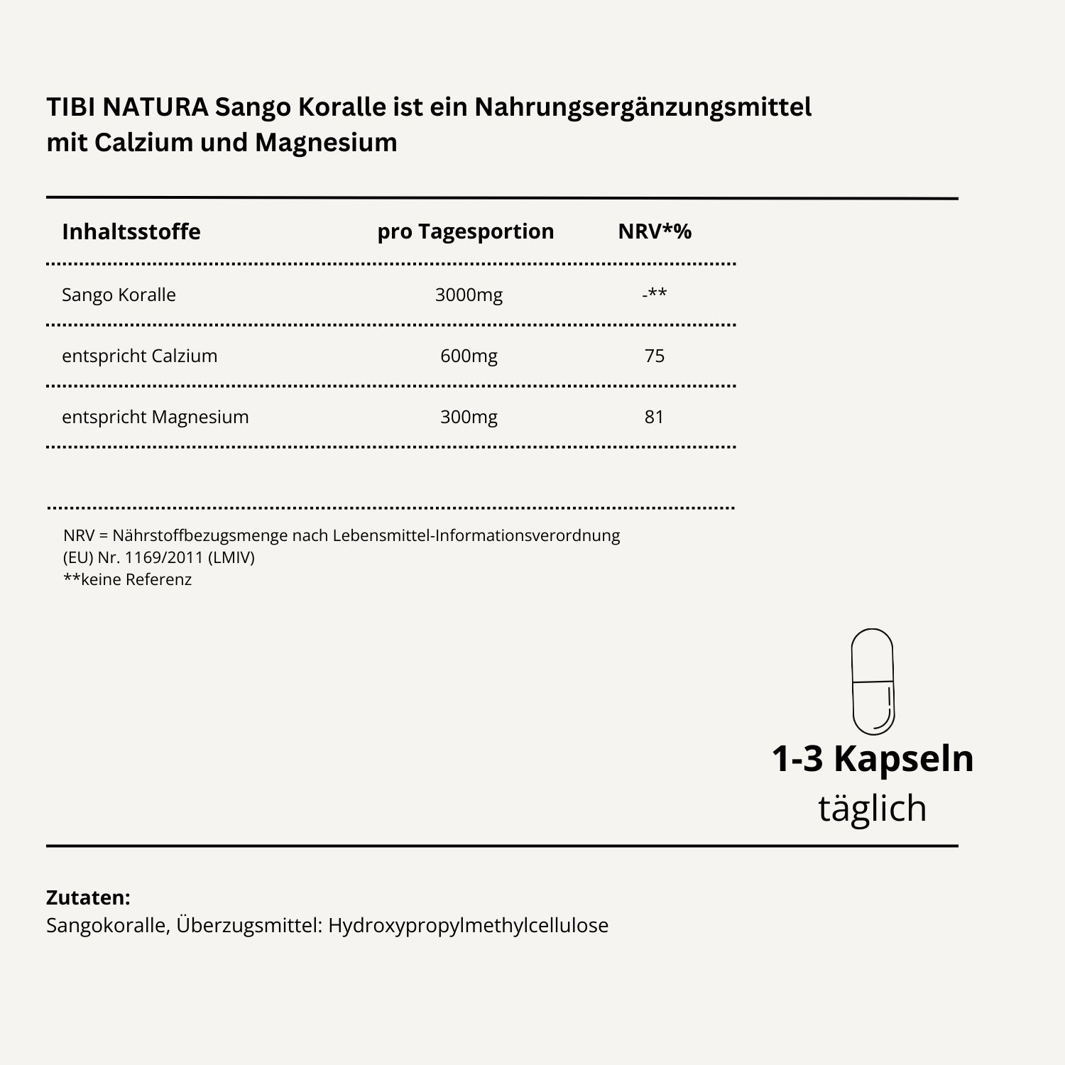 Etikett für TIBI NATURA Sango Koralle mit Inhaltsstoffen; enthält 3000mg Sango Koralle, 600mg Calcium, 300mg Magnesium.