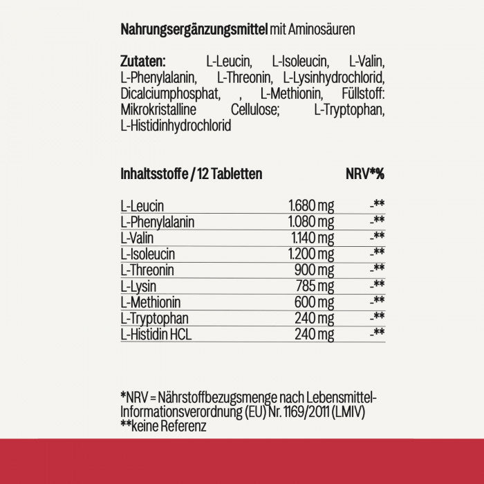 Etikett eines Nahrungsergänzungsmittels mit Aminosäuren und deren Nährwertangaben pro 12 Tabletten.