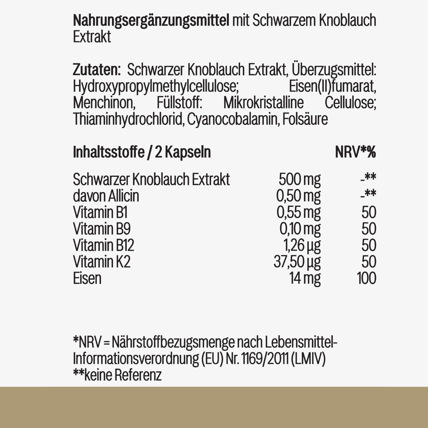 Etikett eines Nahrungsergänzungsmittels mit schwarzem Knoblauch-Extrakt und Inhaltsstoffangaben für zwei Kapseln.