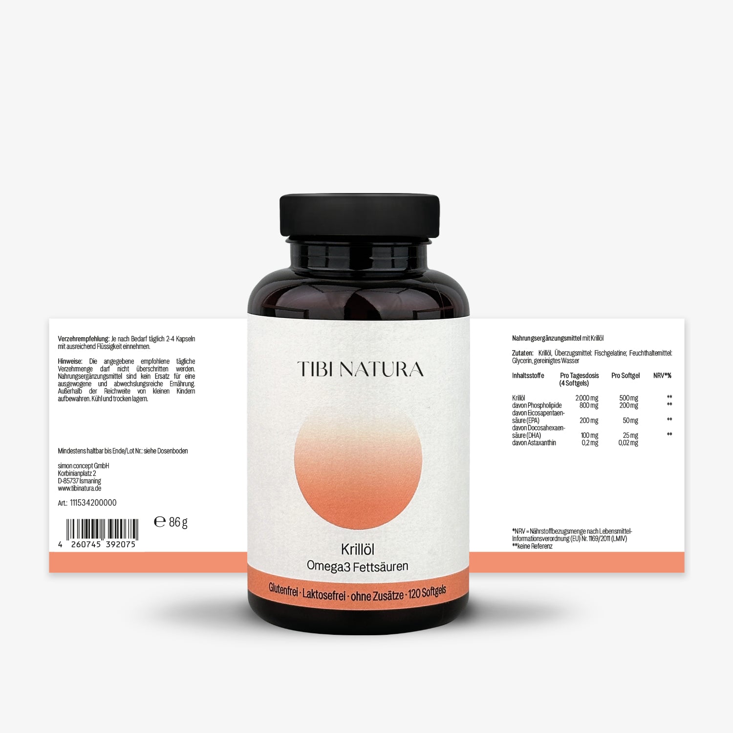 Eine dunkle Flasche mit dem Etikett "Tibi Natura Krillöl Omega 3 Fettsäuren" vor weißem Hintergrund.