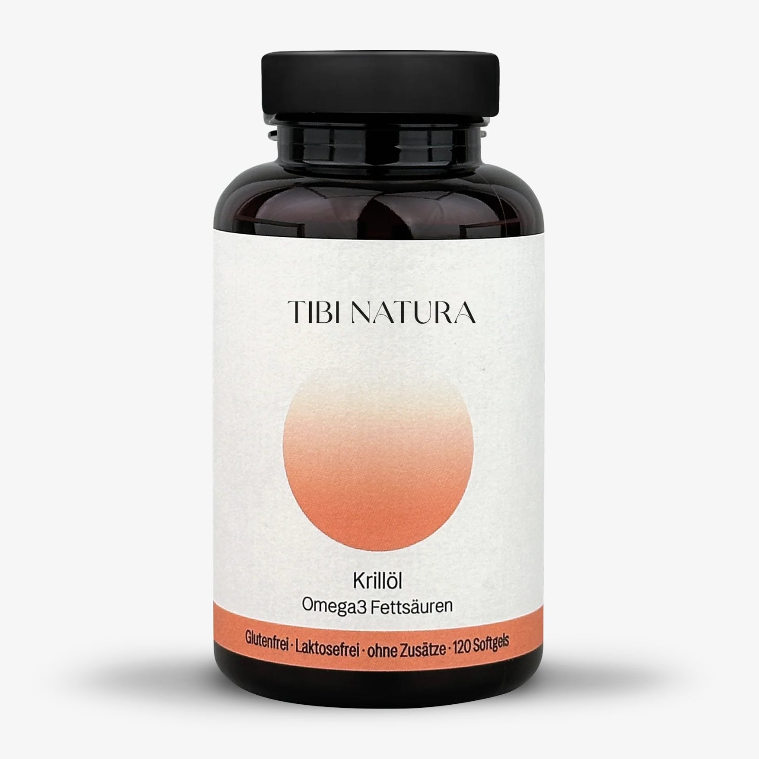 Braunes Fläschchen mit schwarzem Deckel, etikettiert mit "TIBI NATURA Krillöl Omega3 Fettsäuren", enthält 120 Softgels.